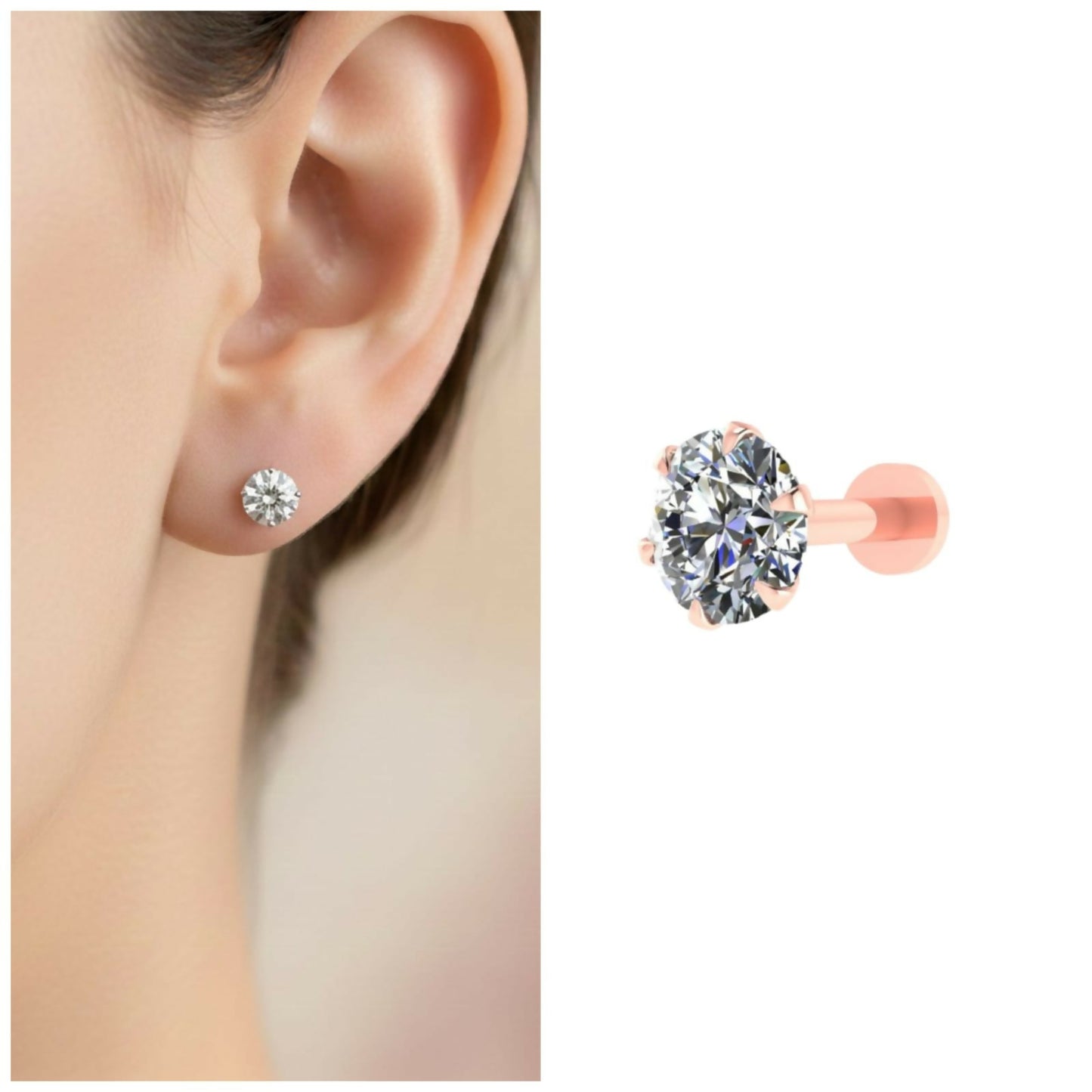 Rose plated AD solitaire flat back stud earrings with sparkling cubic zirconia