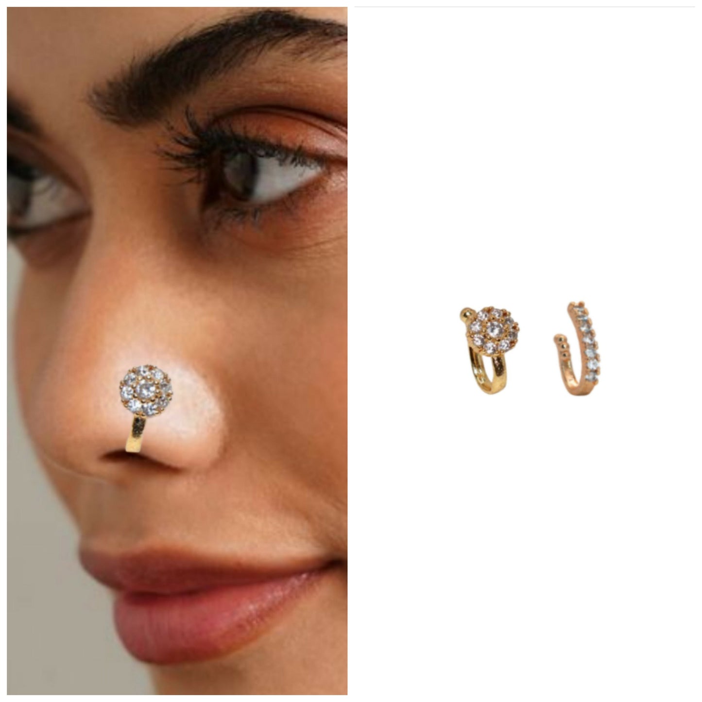 Gold/Silver Finish Press Nath Set, No Piercing Required Combo Pack of 2