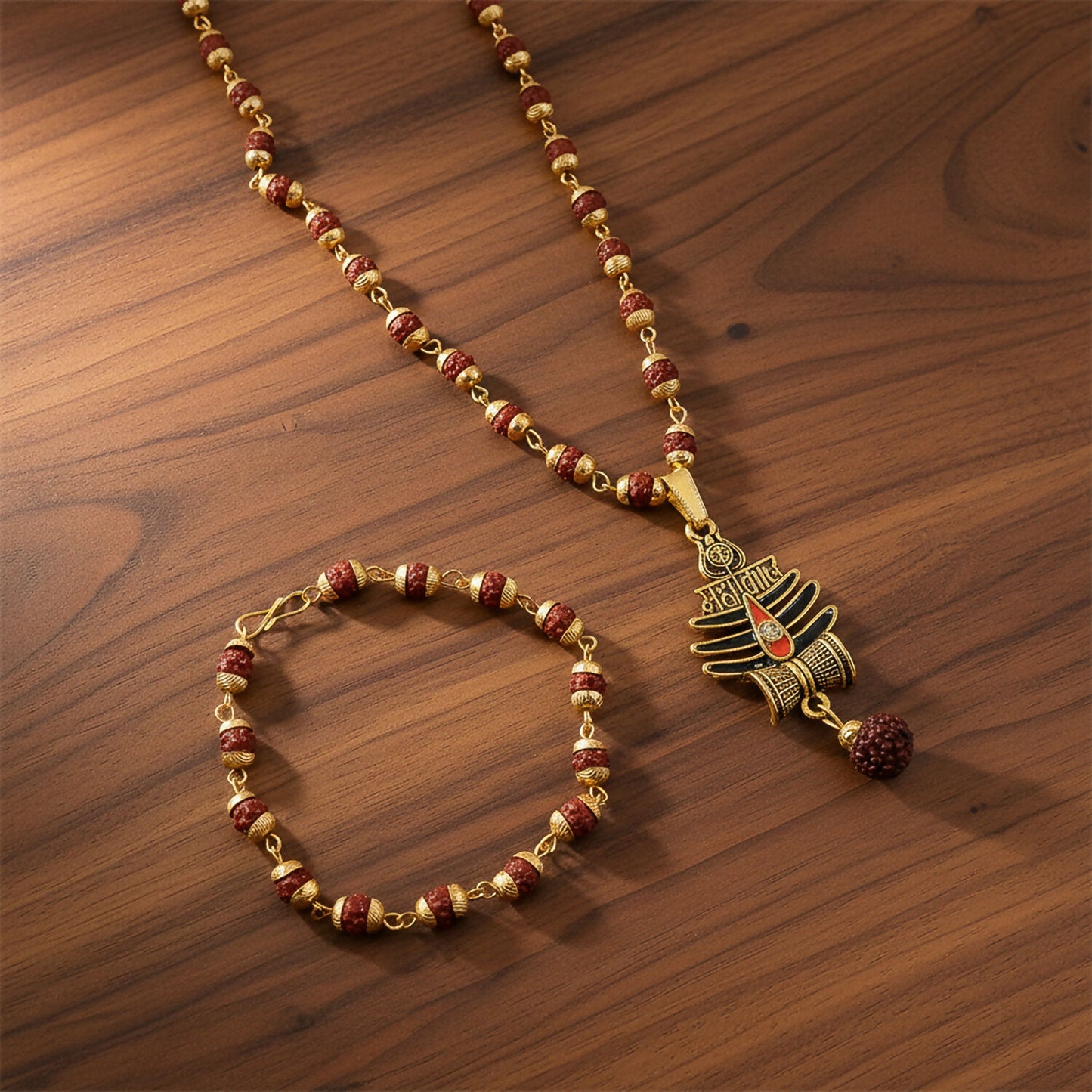 Mahakal Trishul Pendant With Rudraksha Mala & Bracelet Combo