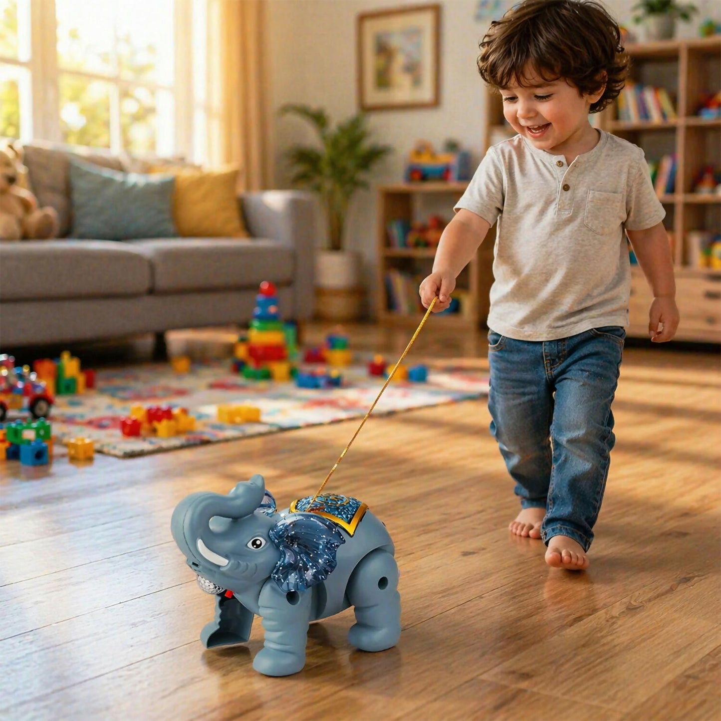 Light-Up Elephant Pull Toy in motion on floor