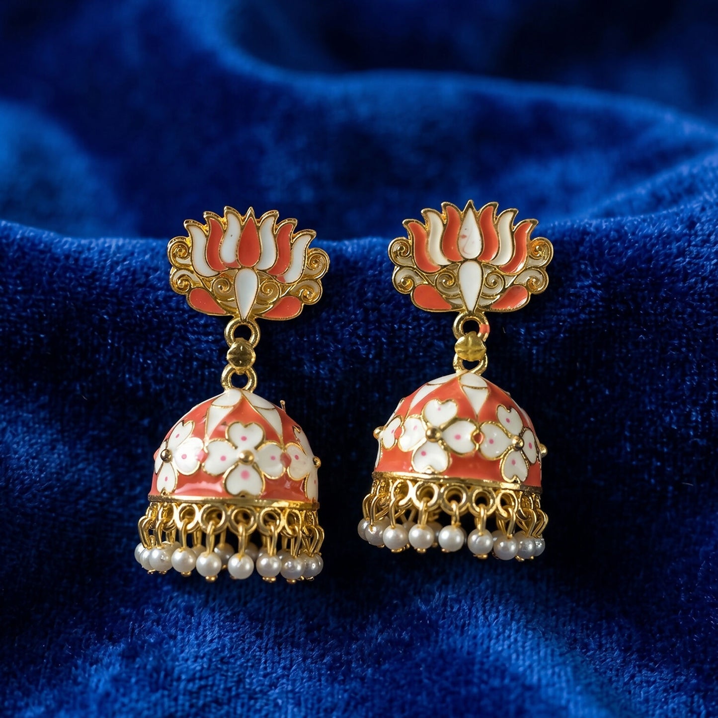 Side view of Peach Lotus Jhumka Earrings with floral detail