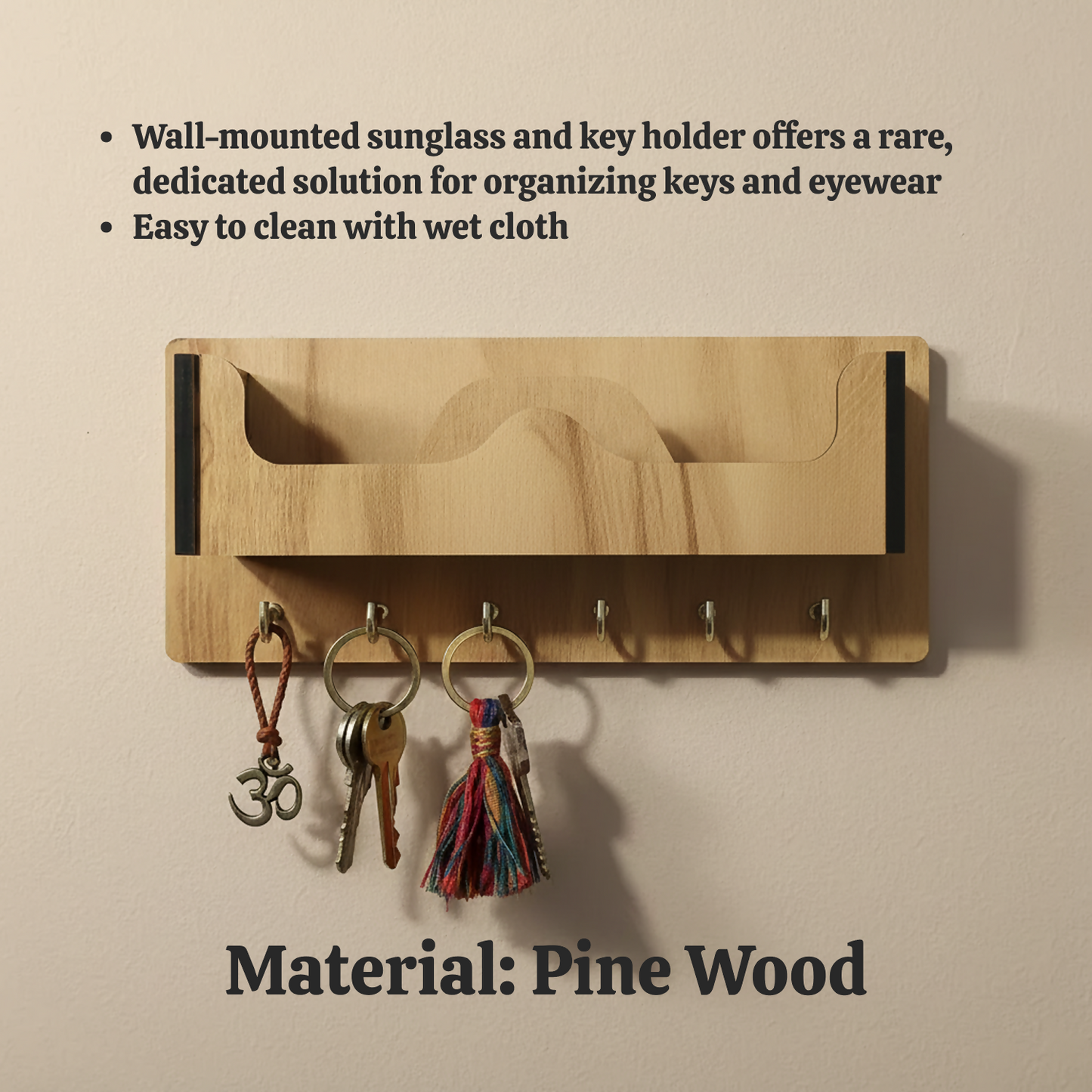 Wooden Wall Mounted Key Holder with Shelf for Mobile, Glasses and Daily Items