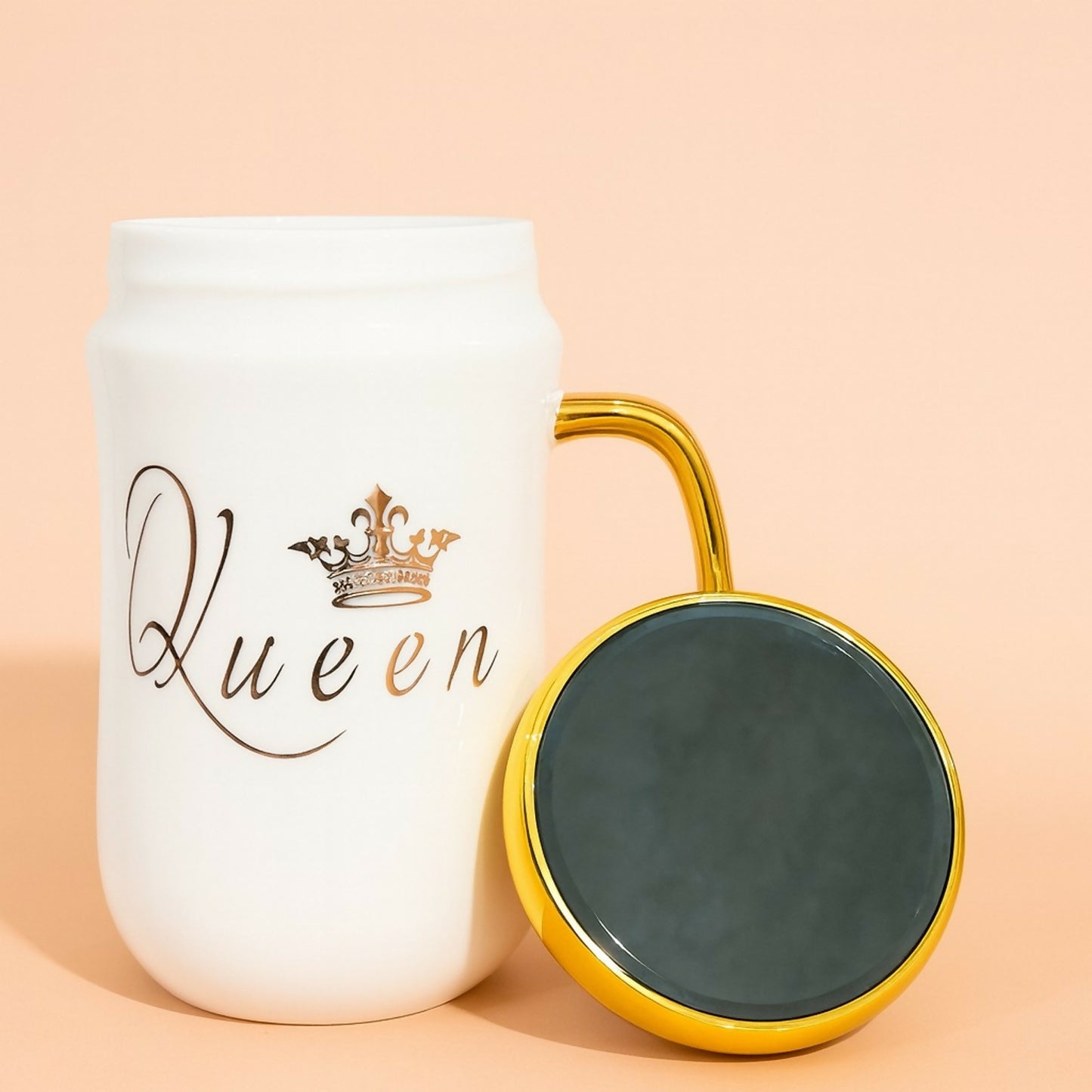Premium Queen Ceramic Mug with Lid | Luxury Golden Handle & Crown Print | Stylish Tea & Coffee Cup for Women | Elegant Gift Mug for Wife, Girlfriend, Sister, Mom | Heat-Retaining Lid | Designer Mug for Home & Office (White – Queen Edition)