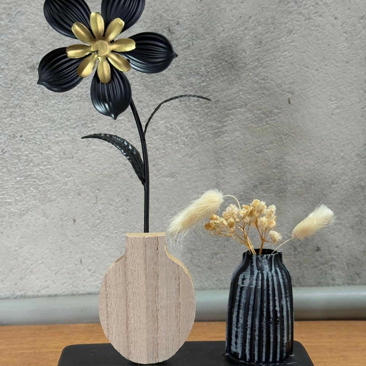 Elegant Metal Flower Showpiece with Wooden Base – Black & Gold Decorative Artificial Flower Vase for Home, Office, Living Room, Bedroom & Gifting Purpose