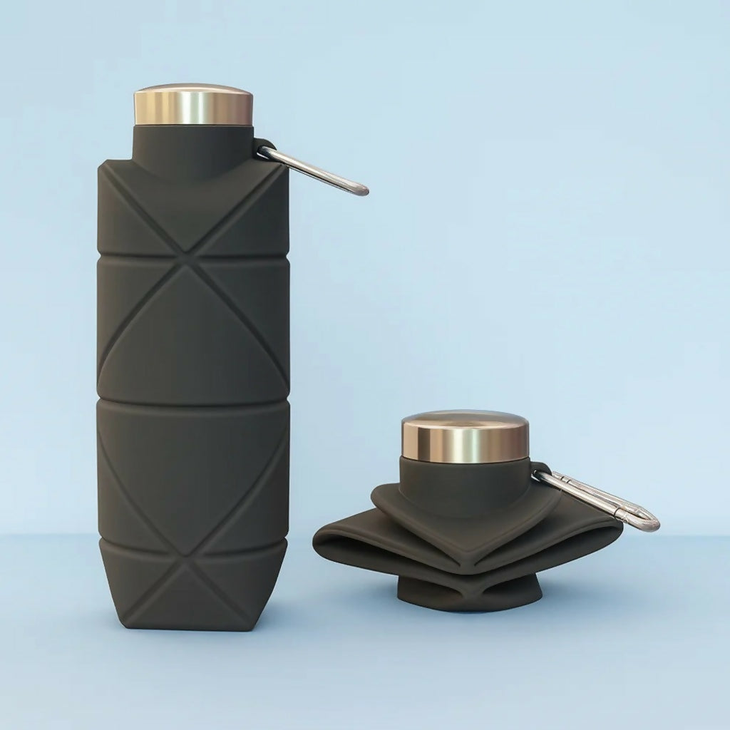 Black collapsible silicone water bottle expanded