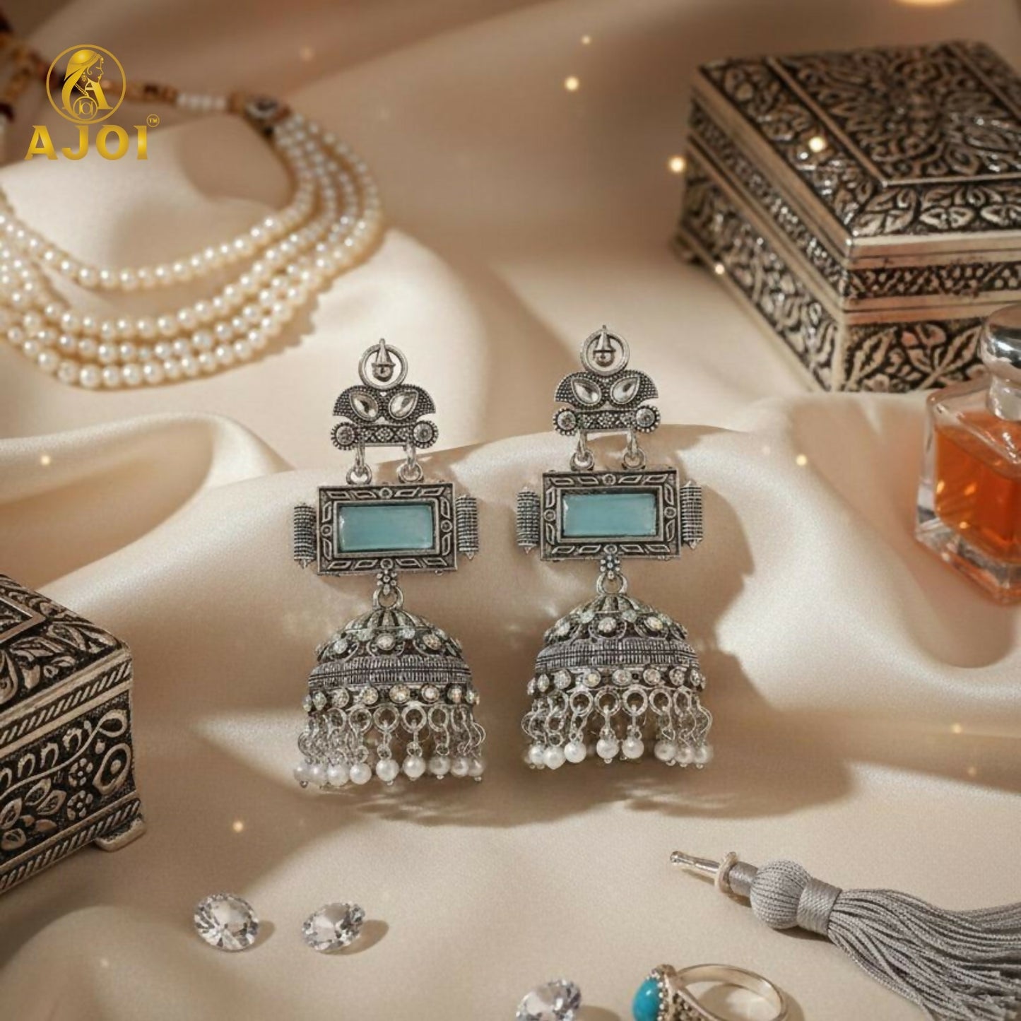 Heritage Royal Oxidized Silver Jhumka Earrings with Aqua Stone Earring