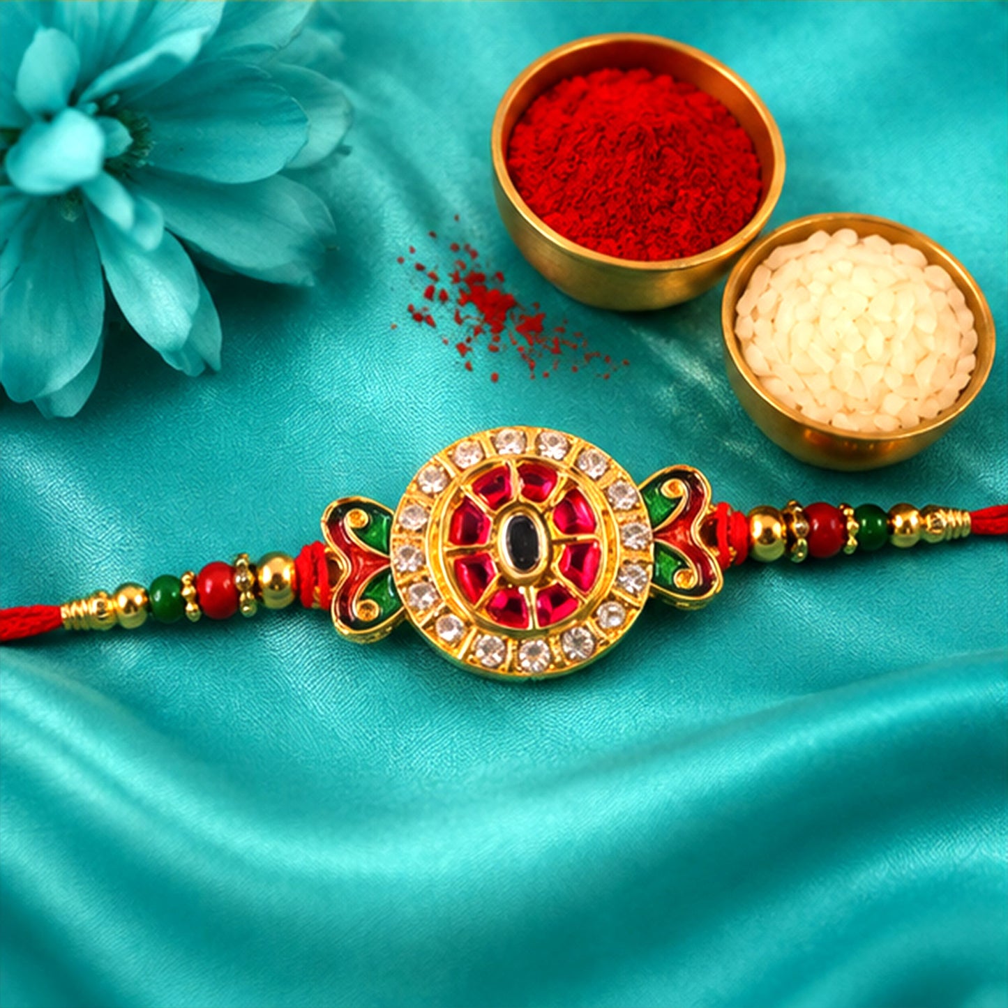 Traditional Round Kundan Rakhi with Beaded Thread for Raksha bandhan
