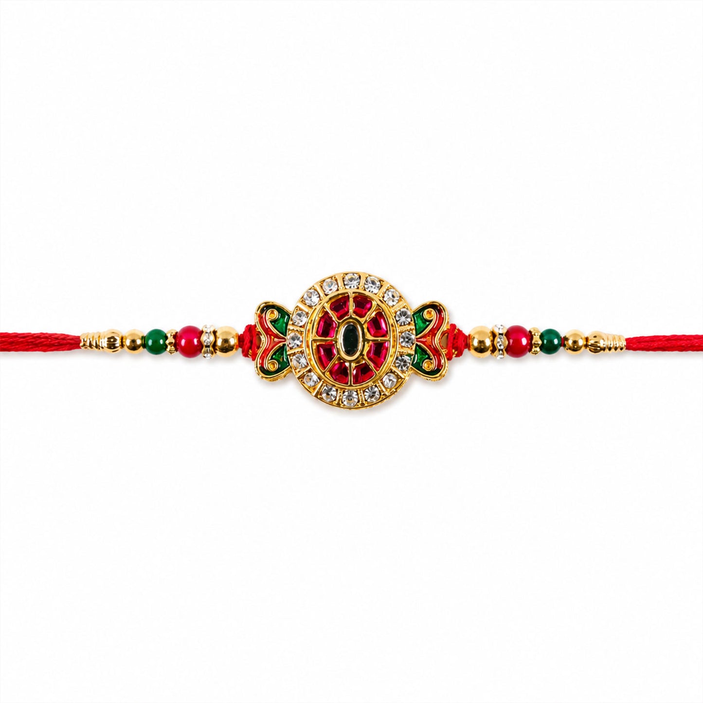 Traditional Round Kundan Rakhi with Beaded Thread for Raksha bandhan