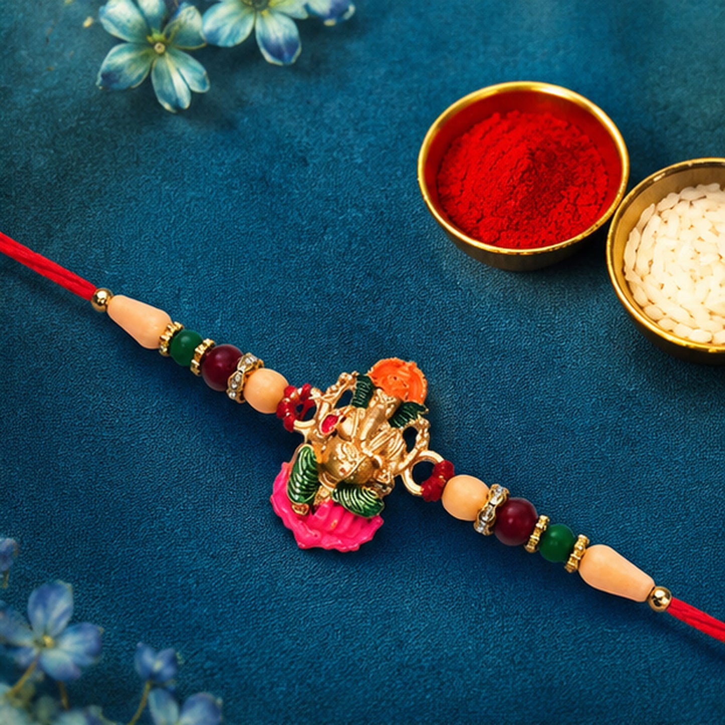 A hand adorned with the beautifully crafted Lord Ganesha Rakhi, ready for Raksha Bandhan.