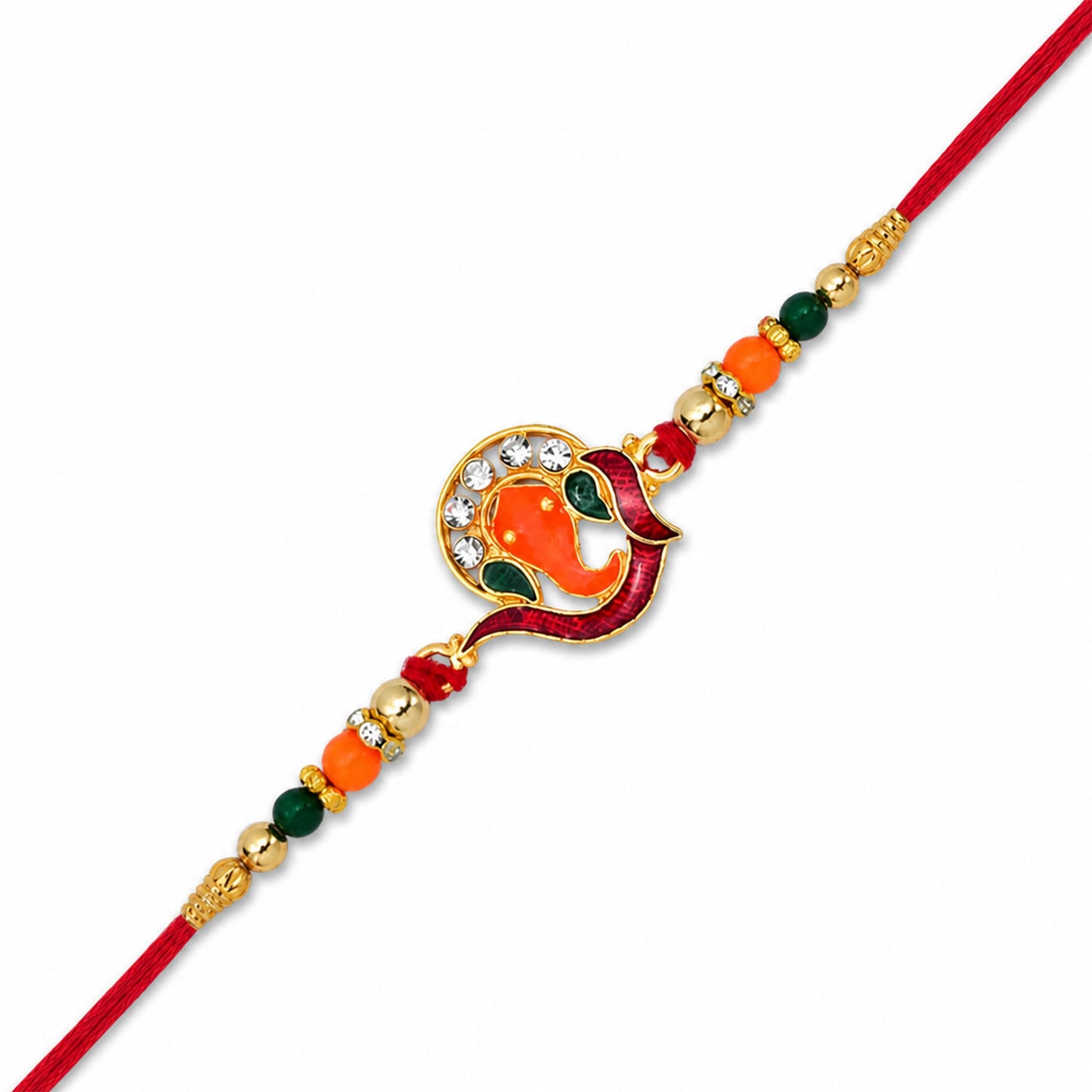Ganesha Rakhi – Golden with Red-Green Beads & Stone Work