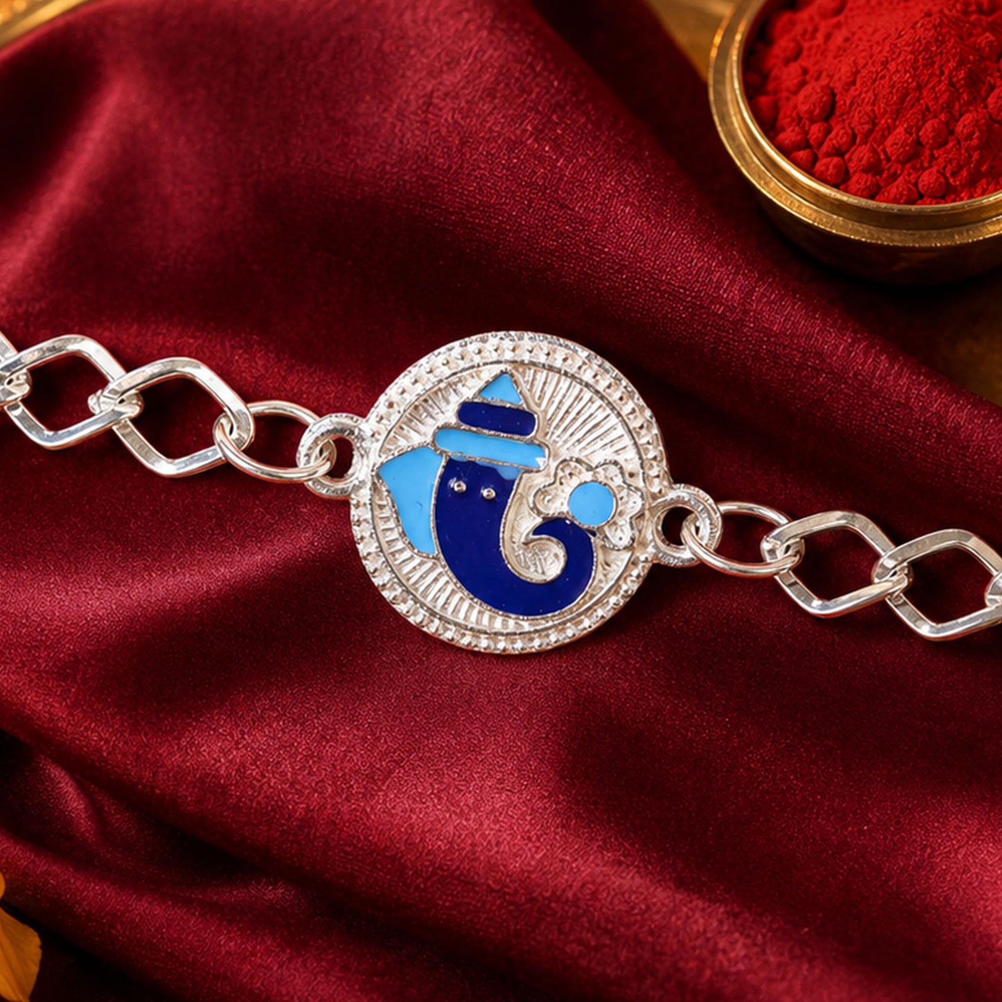 Round Ganesh Motif Enamel Silver Chain Designer Rakhi for Brother