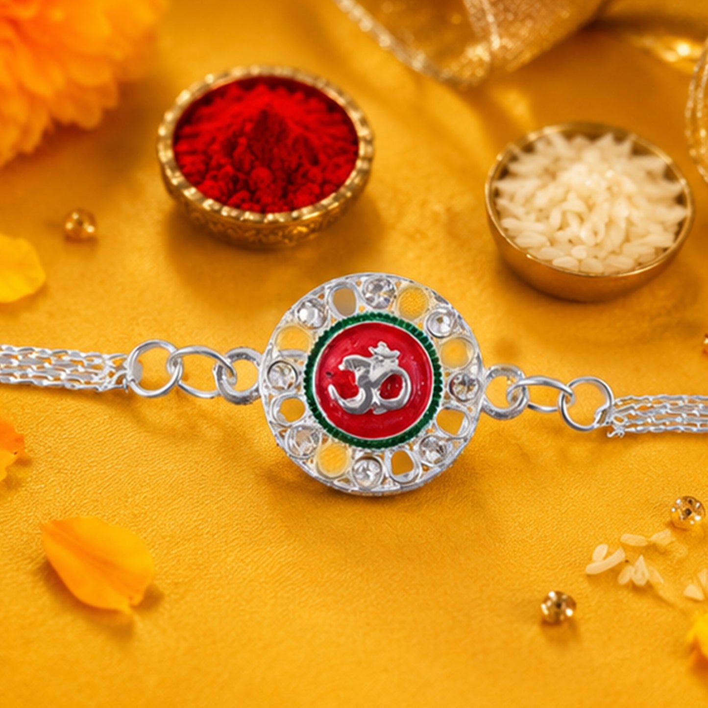 Om Rakhi Silver Plated with Red Enamel – Elegant Protection Thread