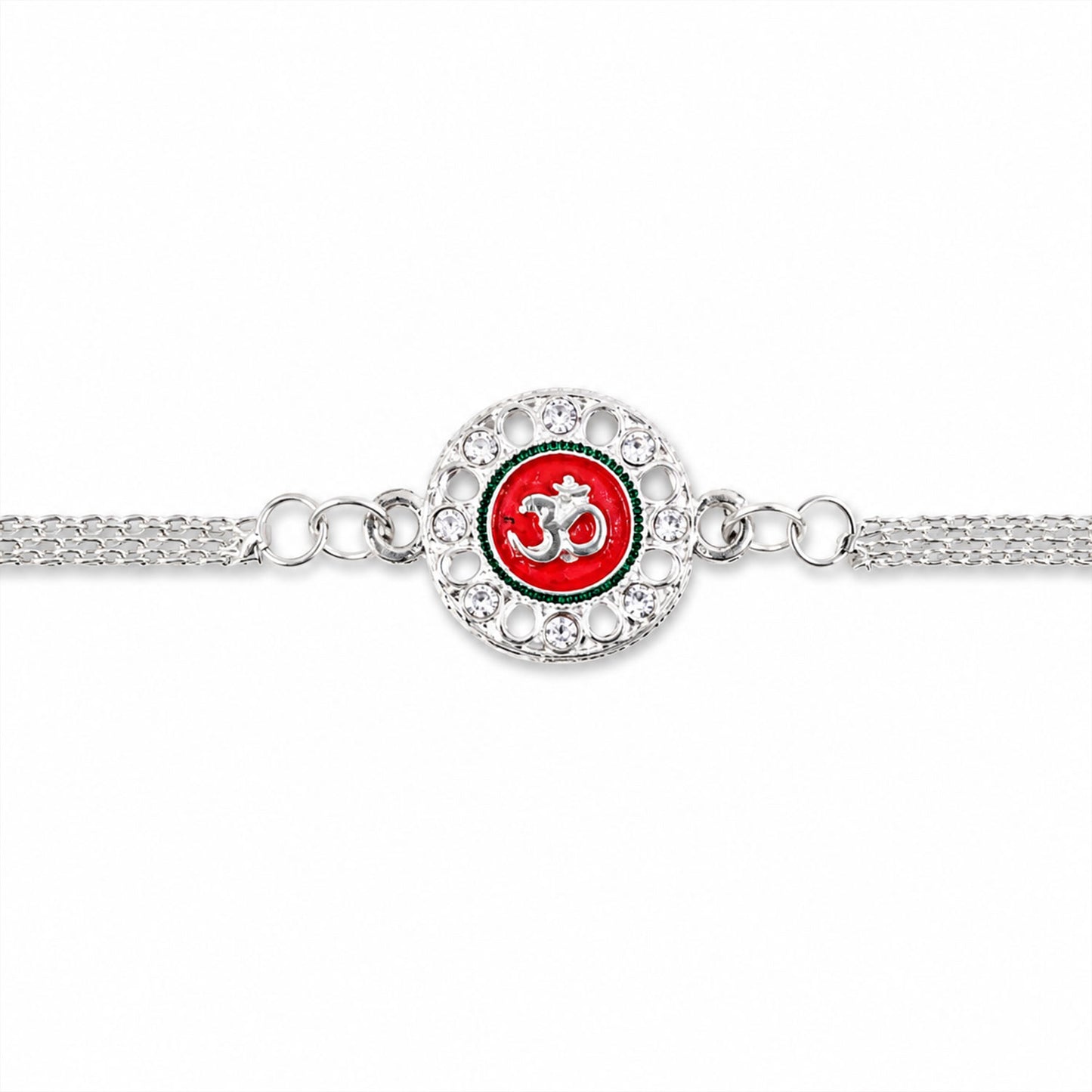 Om Rakhi Silver Plated with Red Enamel – Elegant Protection Thread