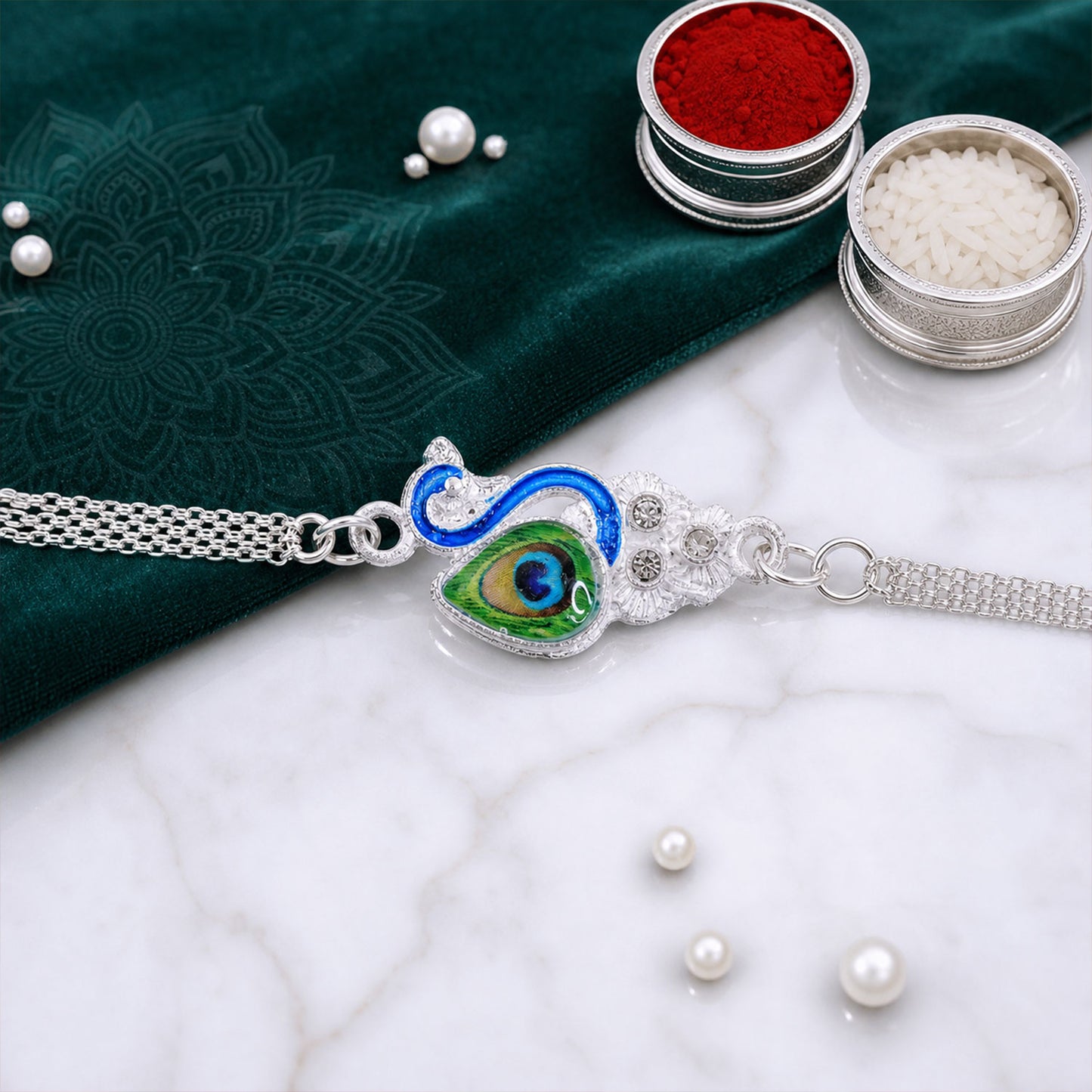 Peacock Design Enamel Crystal Silver Chain Rakhi for Brother