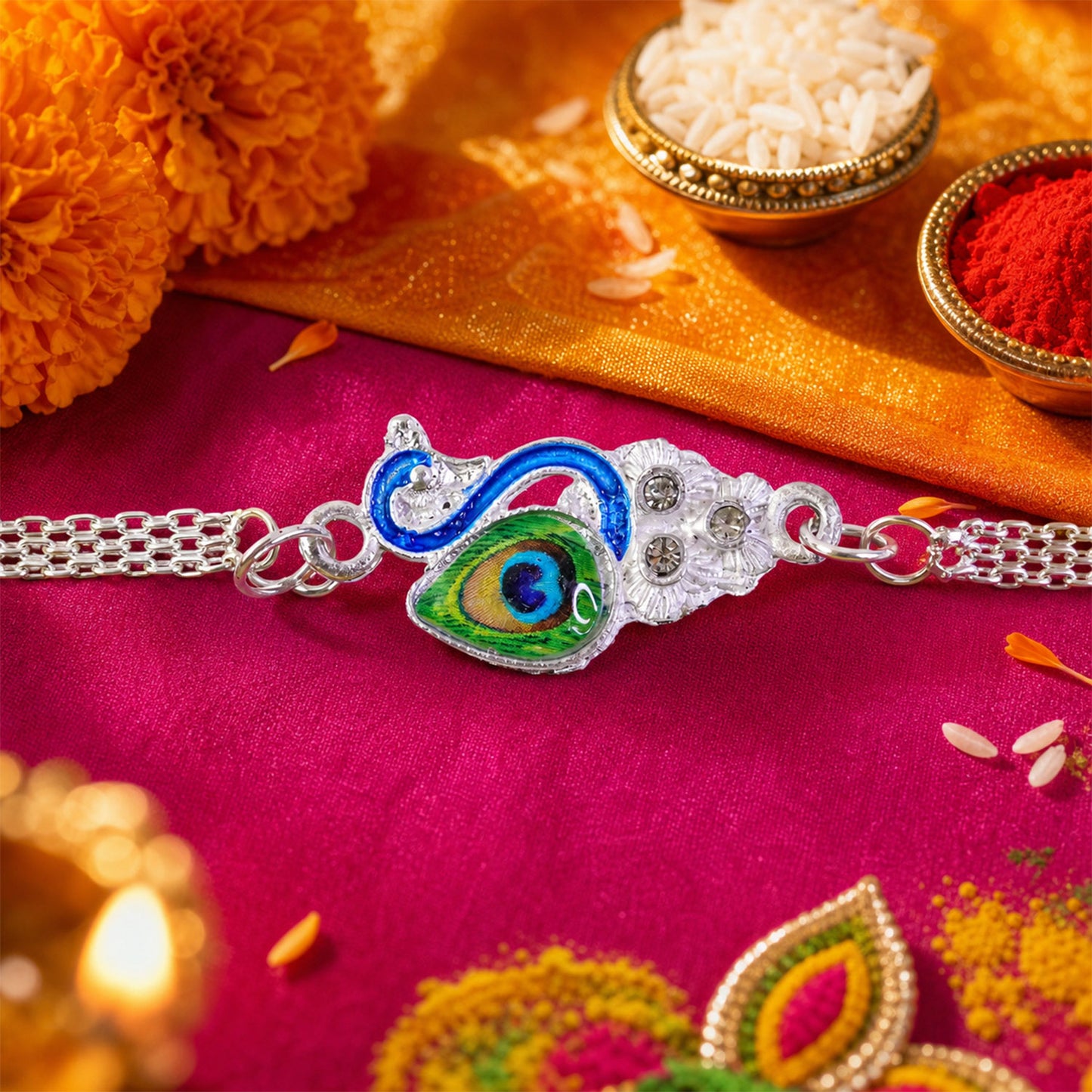 Peacock Design Enamel Crystal Silver Chain Rakhi for Brother