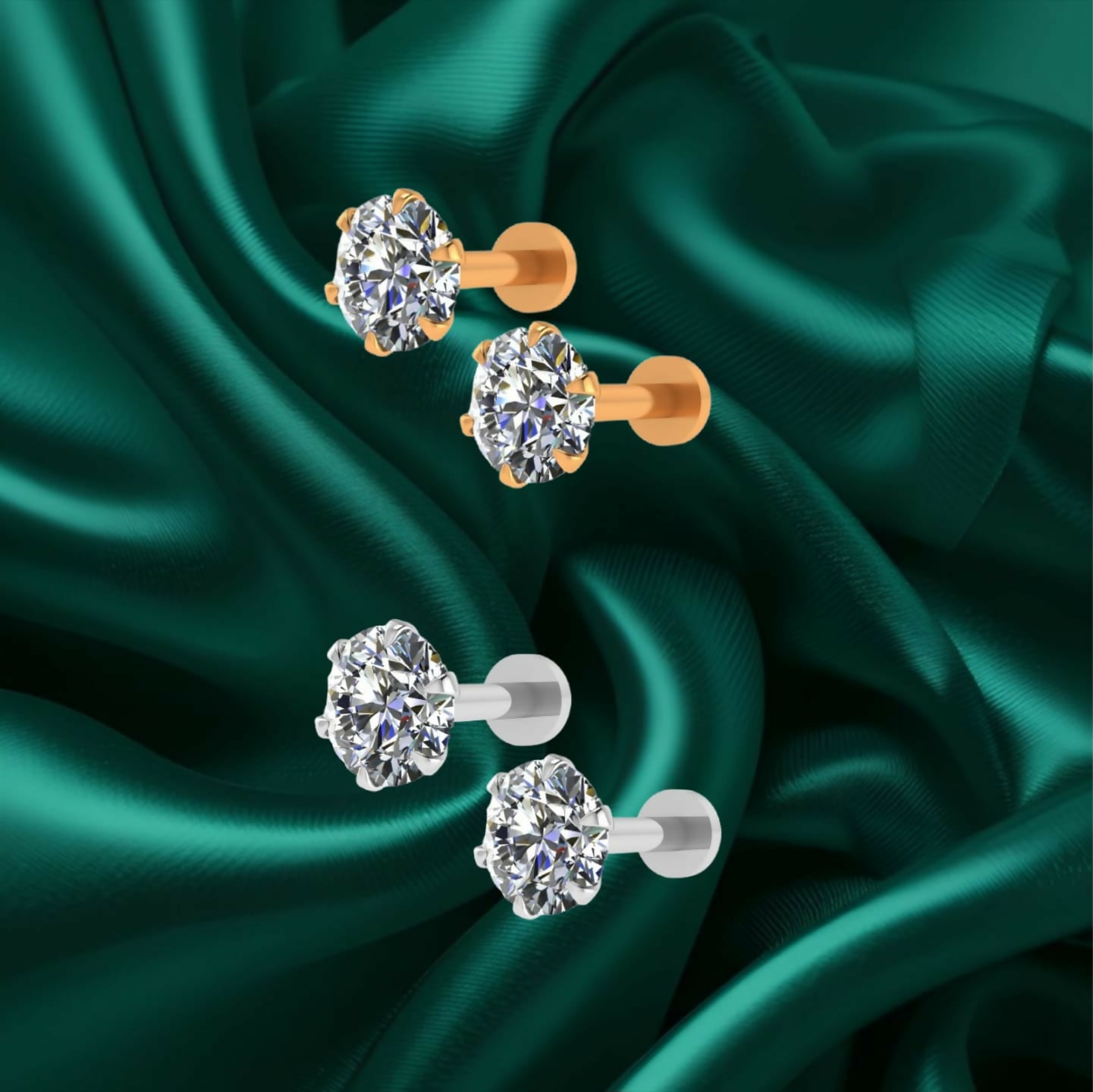 Close-up of silver plated round CZ solitaire studs showing flat back design
