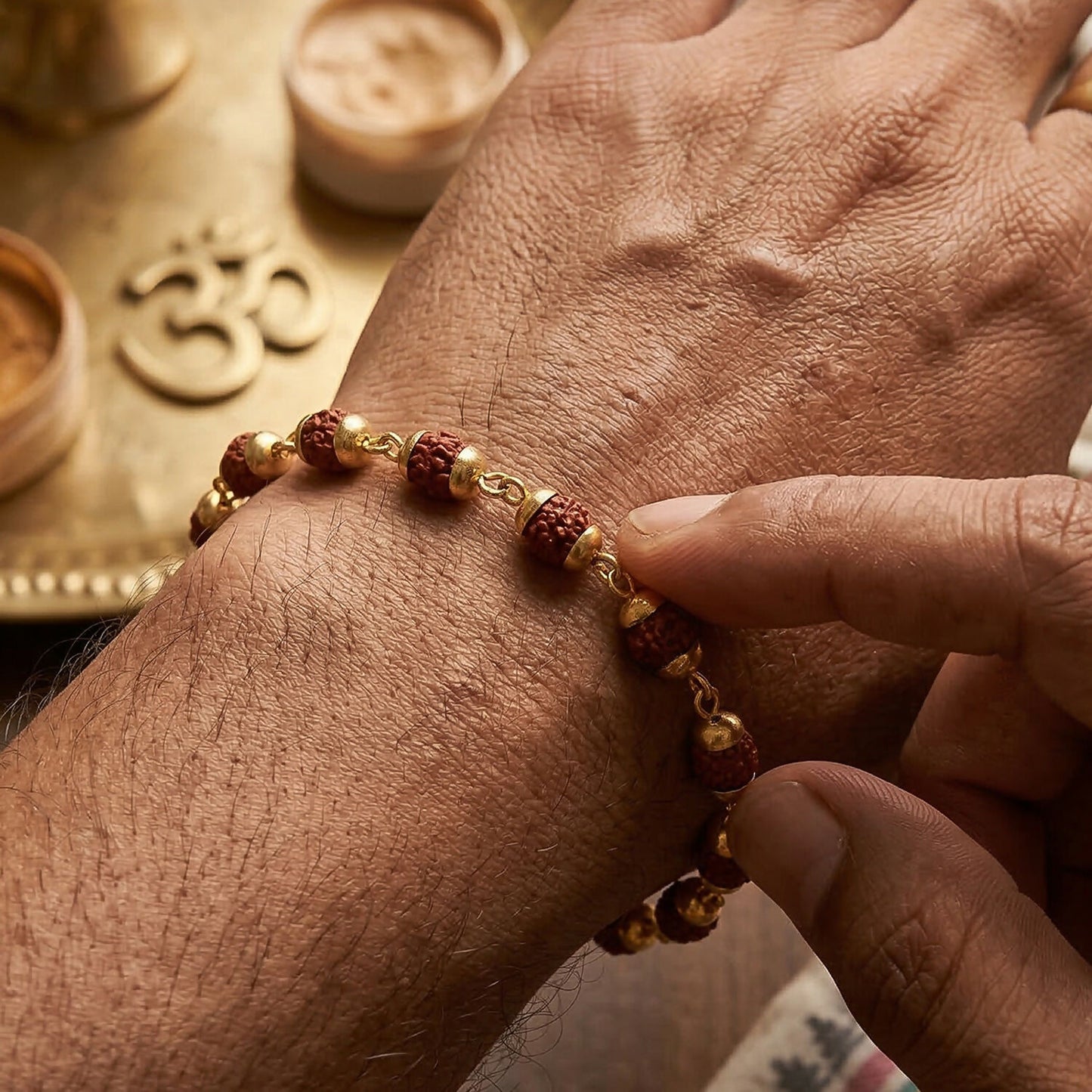 Close-up of Rudraksha beads with gold accents