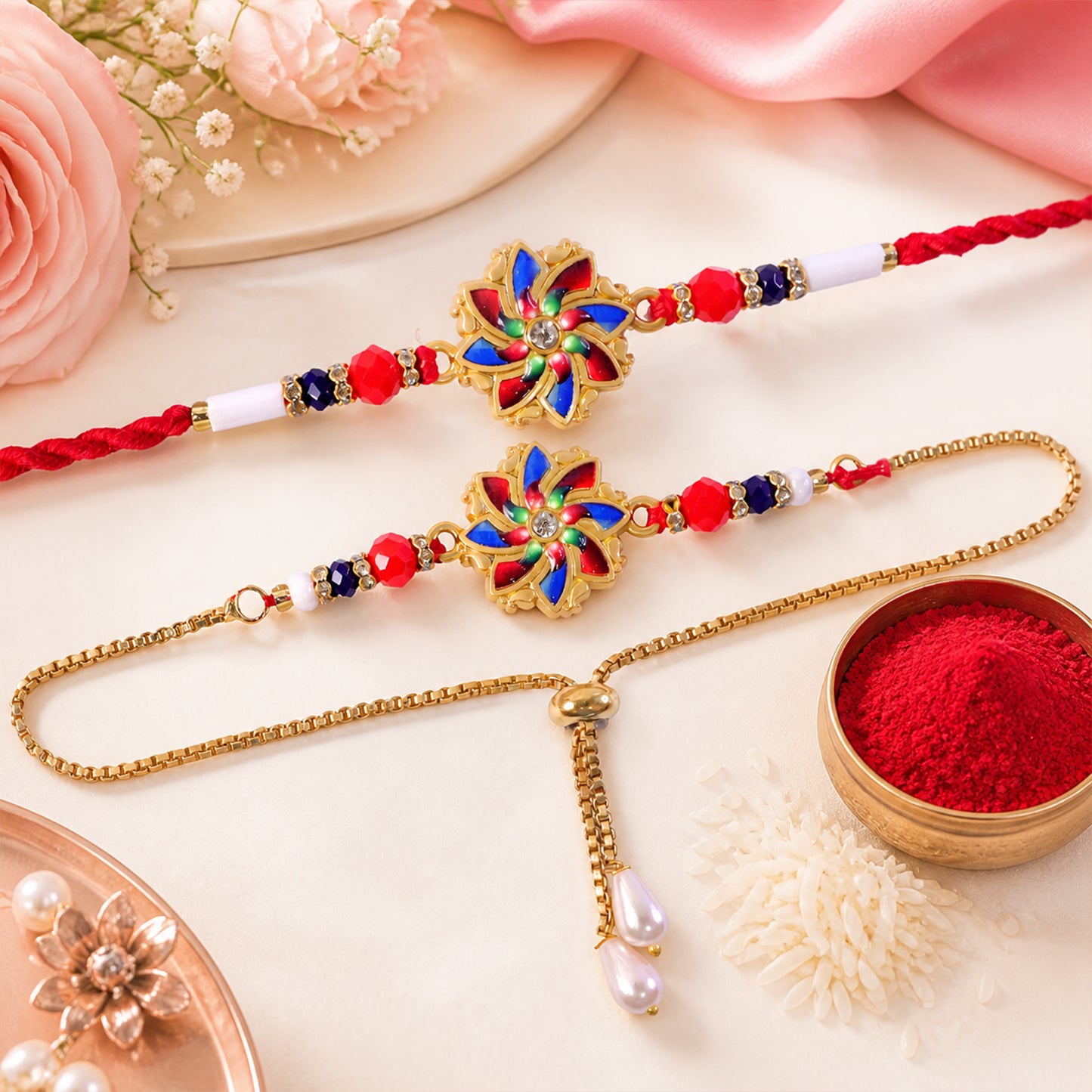 Pinwheel Floral Charm Bhai Bhabhi Lumba Rakhi with Pearl Drops