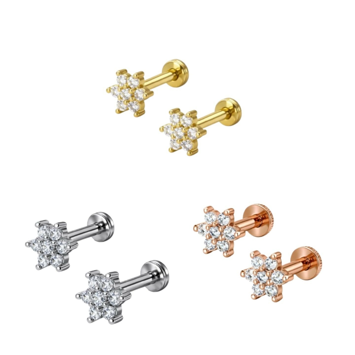 Polished silver plated flower flat back AD stud earrings with six-petal design