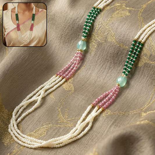 Multi-layer pearl necklace with green, pink, and pastel stone accents