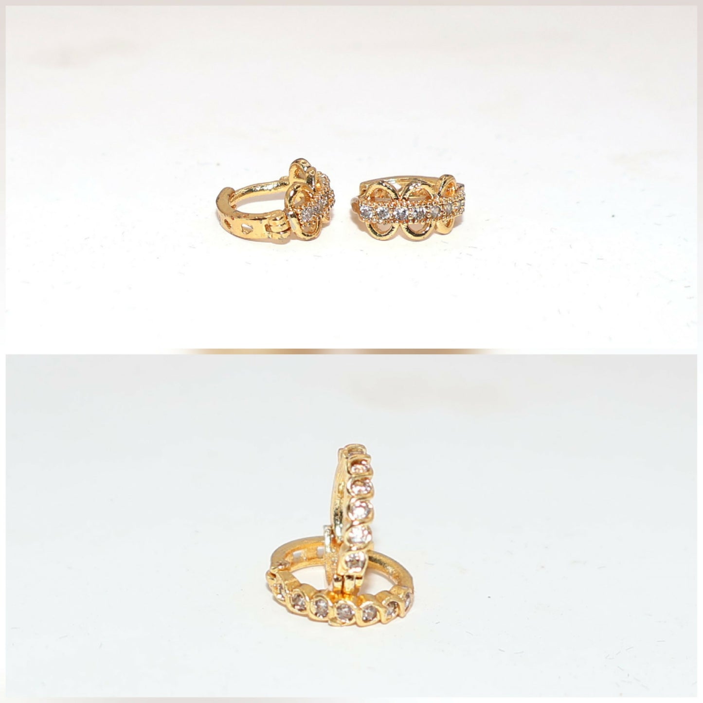 Gold plated huggie hoops with triple cubic zirconia danglers on white background