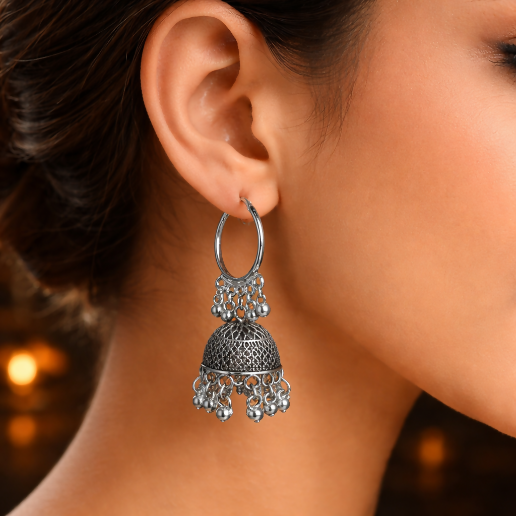 Oxidised Silver Jhumka Hoop Earrings for Women Traditional Ethnic Design