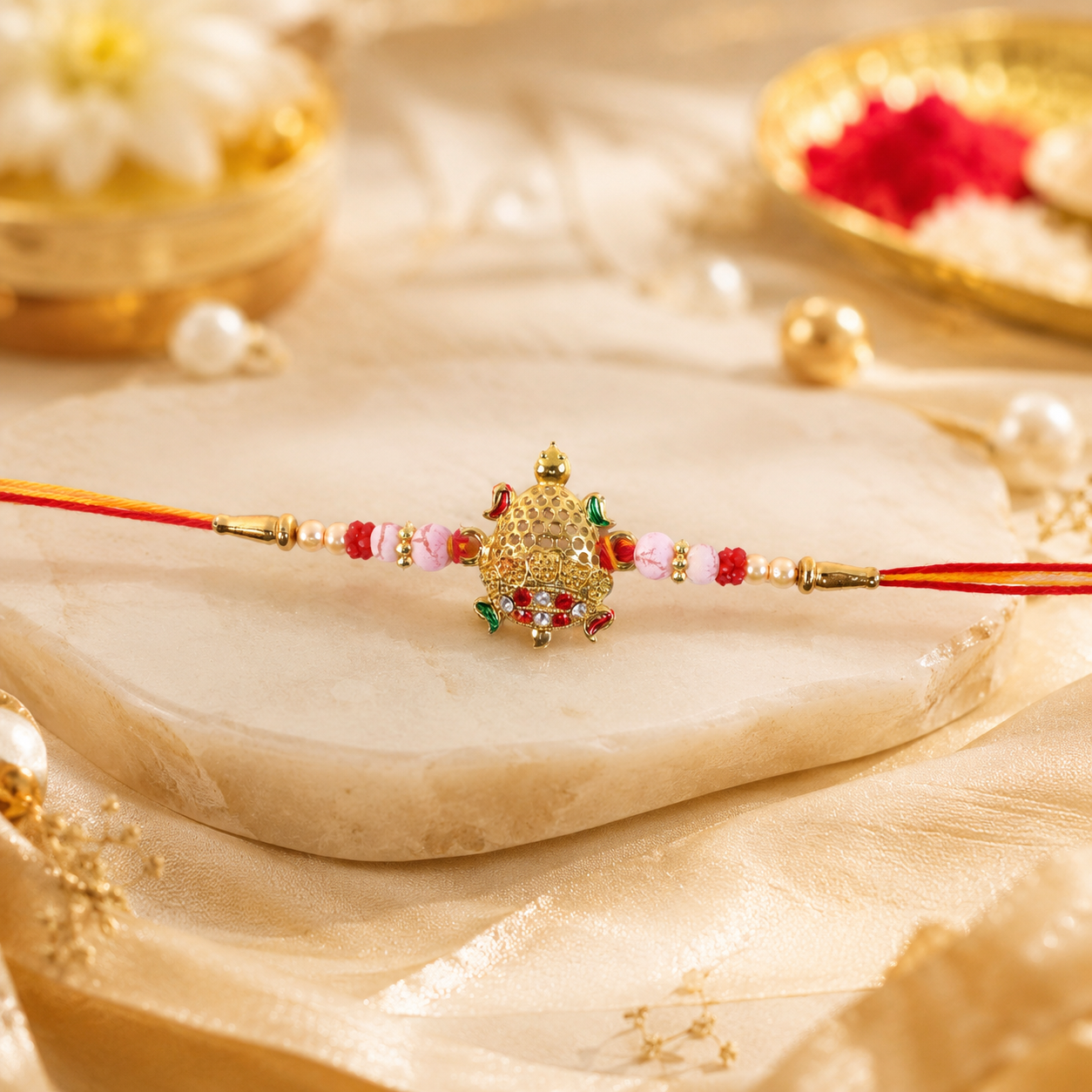 Gold Turtle Rakhi with Pink Pearls and Red Thread