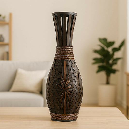 HOME DECOR Premium Handcrafted Dark Brown Woven Decorative Floor Vase – Tall Bamboo Style Flower Pot with Braided Detailing for Living Room, Bedroom, Office & Home Décor (Approx. 27 inch)