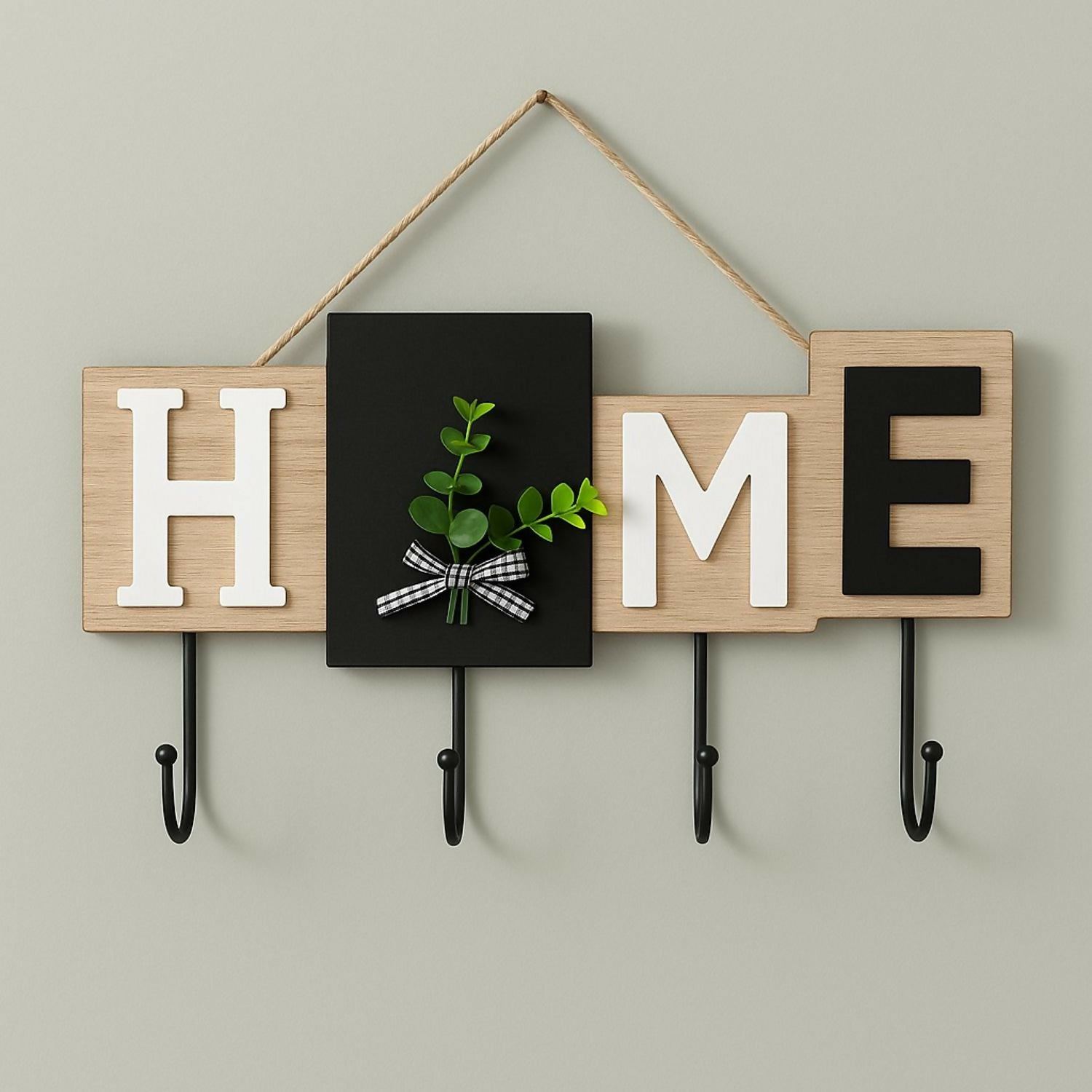 Wooden Wall Mounted Key Holder with Hooks – Decorative “HOME” Letter Design with Artificial Green Leaf Accent and Bow, Rustic Entryway Organizer for Keys, Wallets & Accessories
