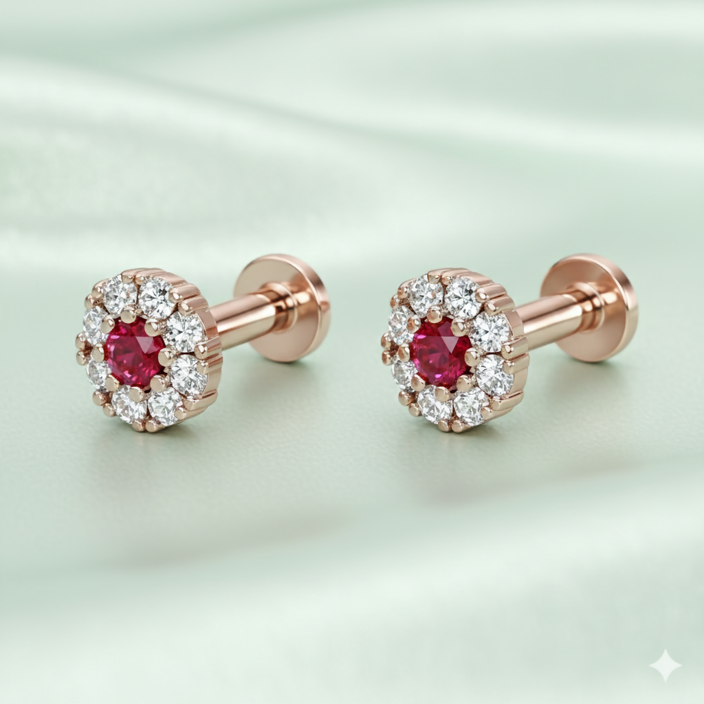 Close-up view of rose gold floral halo nose pin with bright red ruby gemstone