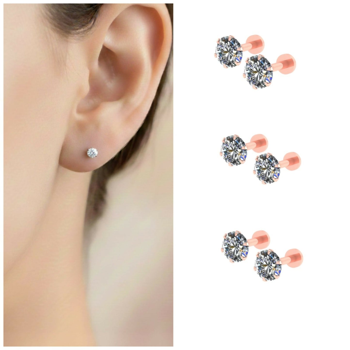 Rose gold round AD stud earrings flat-back design close-up