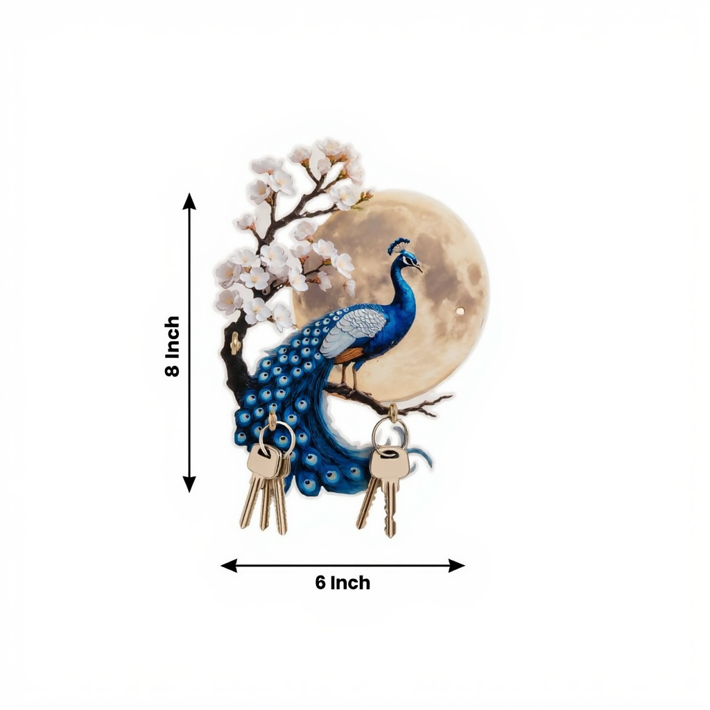 Decorative wall-mounted wooden key holder with peacock motif