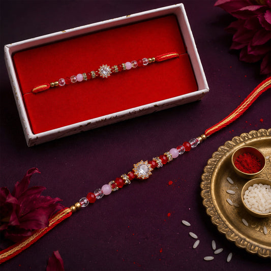 Pink & Red Crystal Sunflower AD Stone Designer Rakhi for Brother Gift