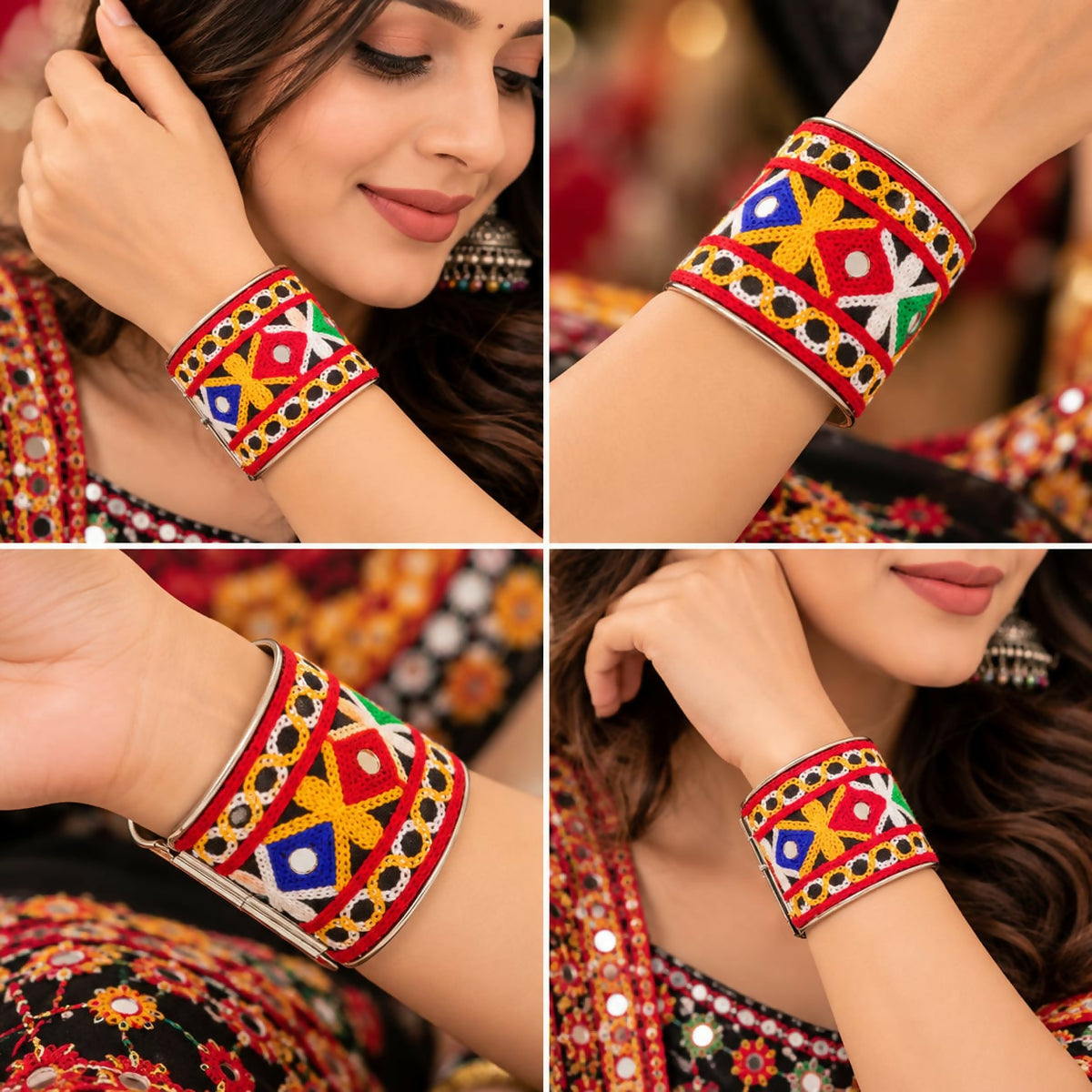 A collage of four images showing a woman wearing the embroidered cuff bracelet on her wrist.