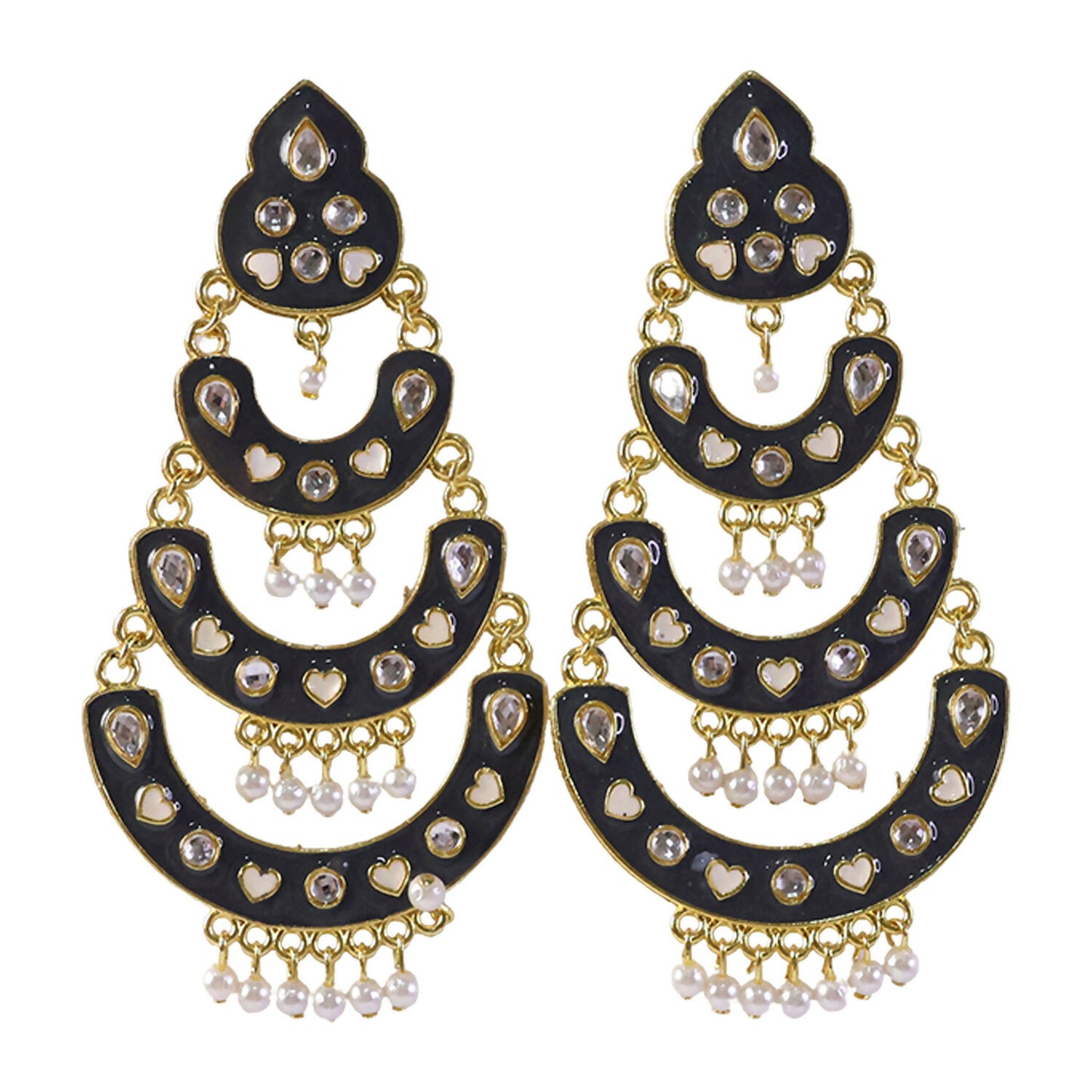 Side view of pink stone stud jhumka earrings with detailed design