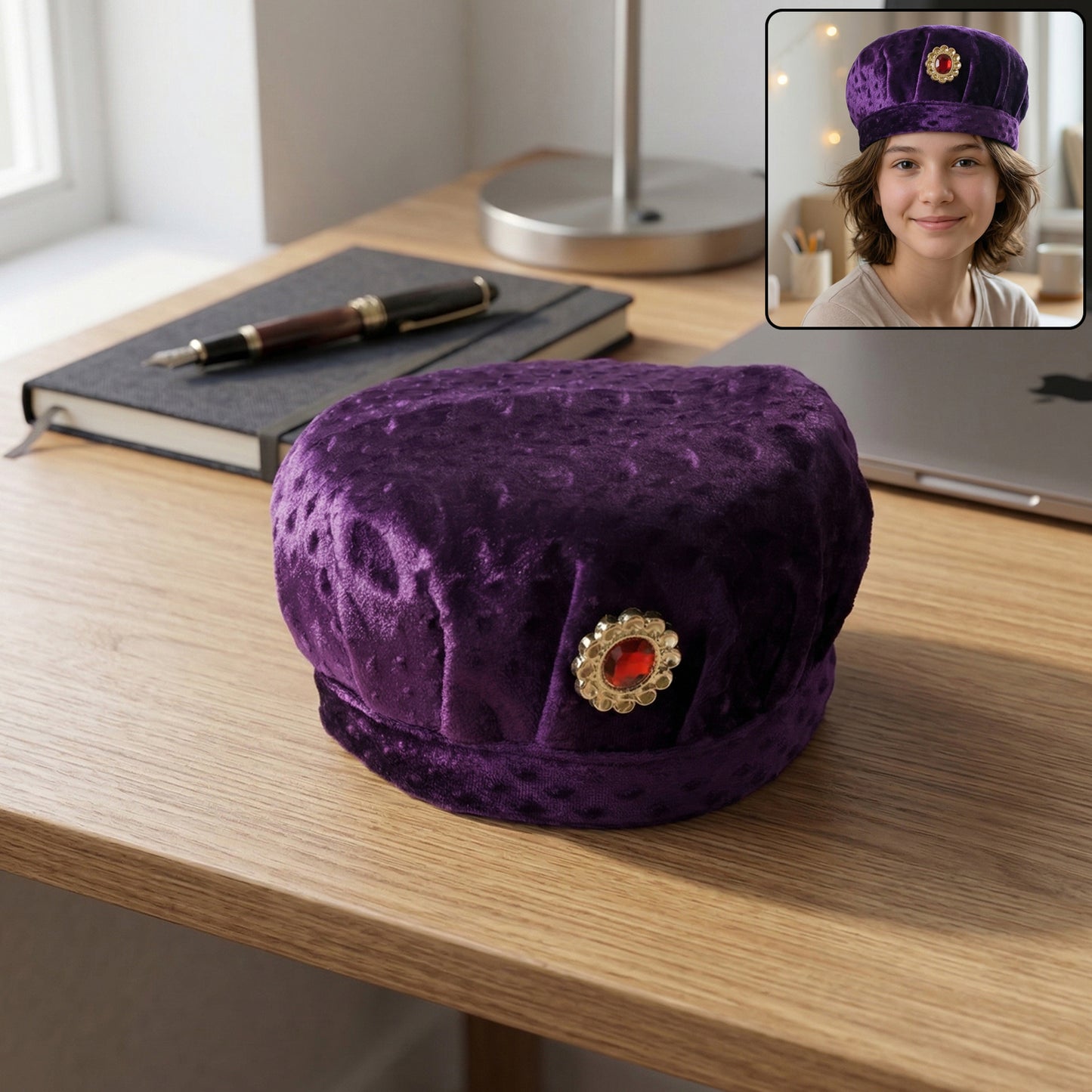 Premium Soft Velvet Traditional Boys Cap with Stone Brooch front view