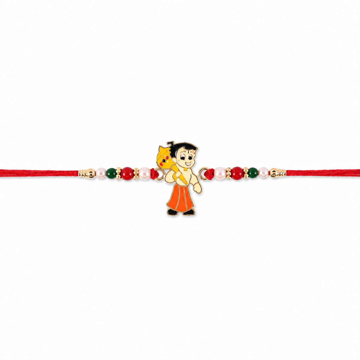 Cute Boy Cartoon Rakhi with Green Red Beads and Kids Fun Look