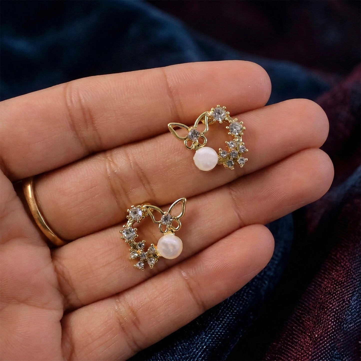 Butterfly Pearl Crystal Stud Earrings for Women And Girls