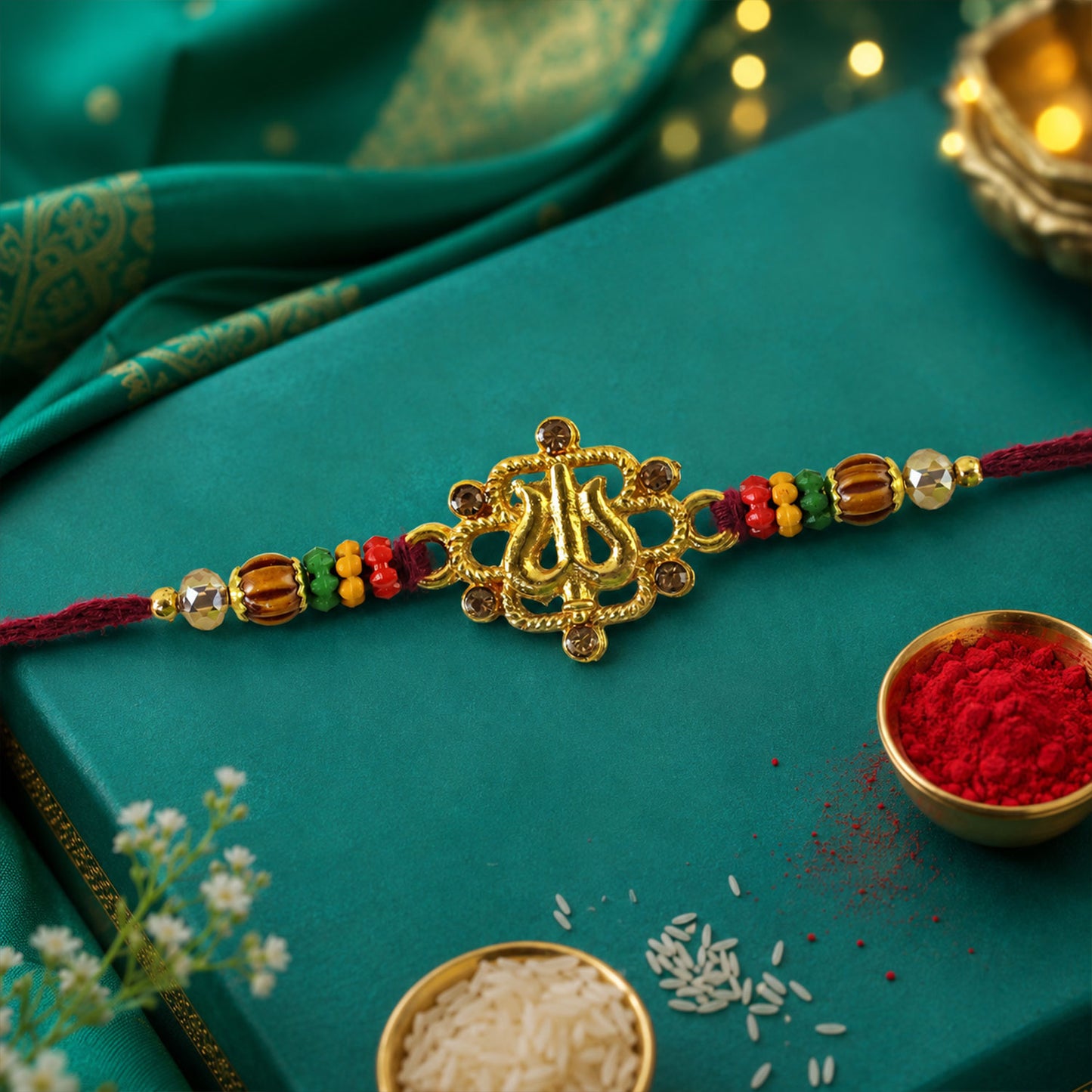 Tilak Trishul Style Devotional Rakhi with Golden Centre and Wooden Beads