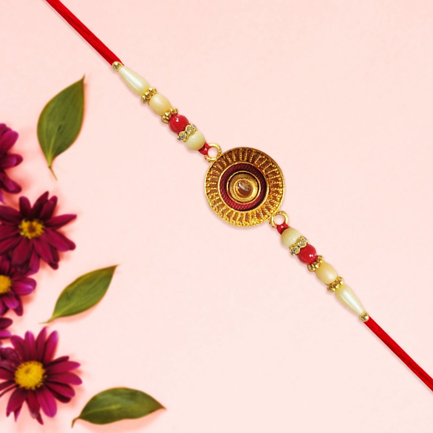 Traditional Round Rakhi with Pearl Beads for Rakshabandhan - Elegant and Festive (5pcs)