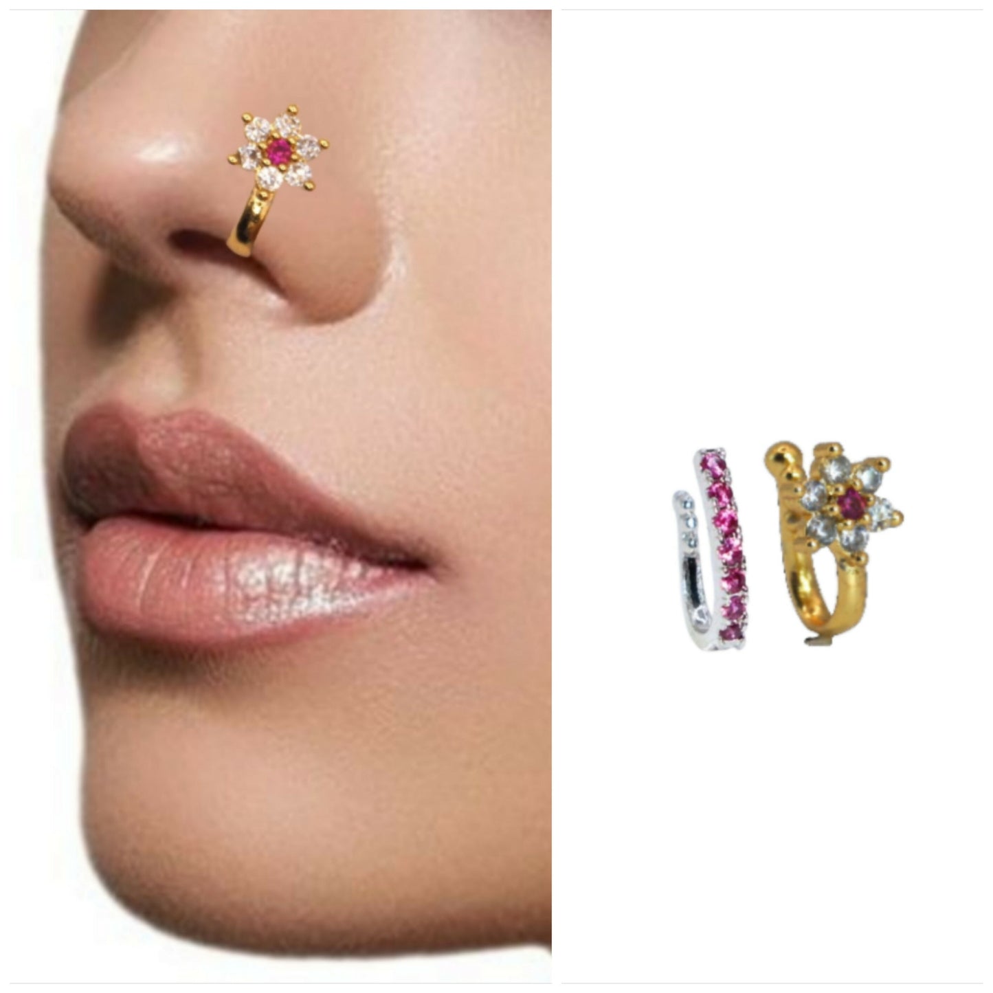 Ruby floral gold nose ring showing intricate pink stone and CZ details