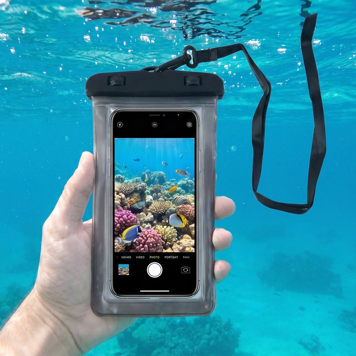 Black waterproof phone pouch with adjustable neck lanyard