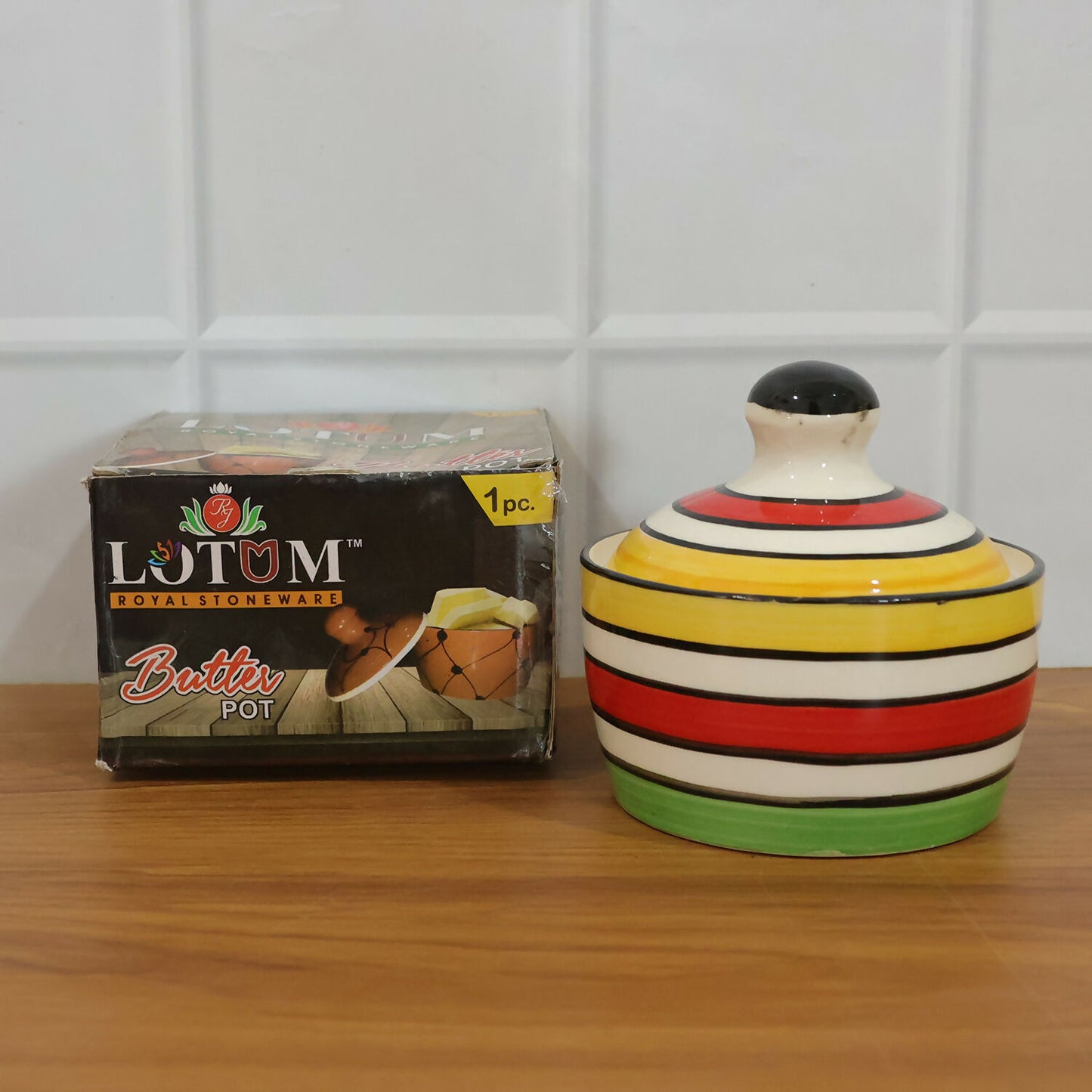 Packaged ceramic butter pot ready for kitchen use