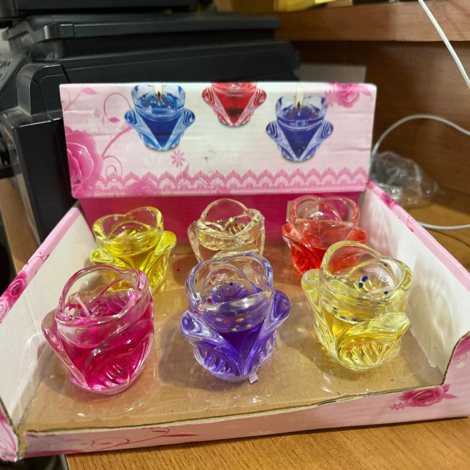 Set of 6 Decorative Glass Jar Candles with Multicolor Wax and Star Glitter – Tealight Style Scented Candles for Home Décor, Festivals, Diwali, Pooja, Parties, Weddings & Gifting