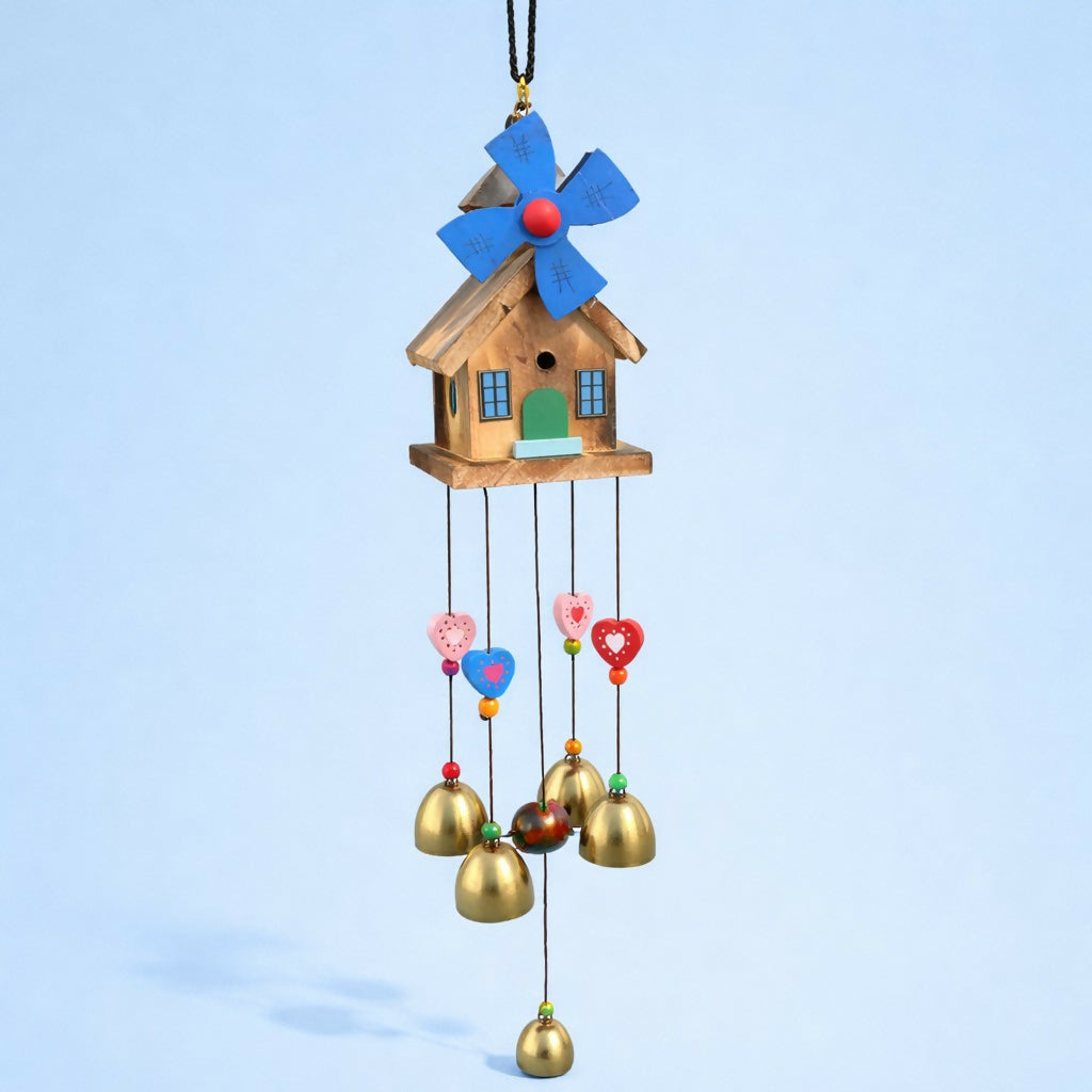 Wooden House Wind Chime with Hanging Bells for Balcony, Garden & Home Decor