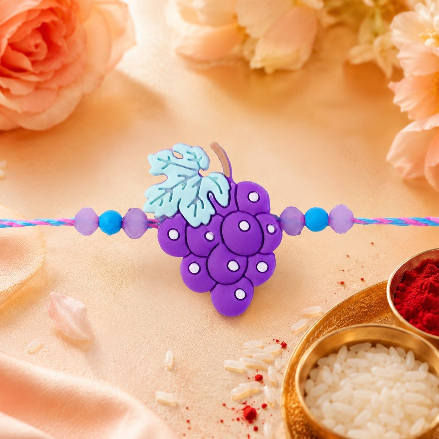 Shop Grape Bunch Charm Kids Beaded Designer Rakhi for Brother (5pcs)