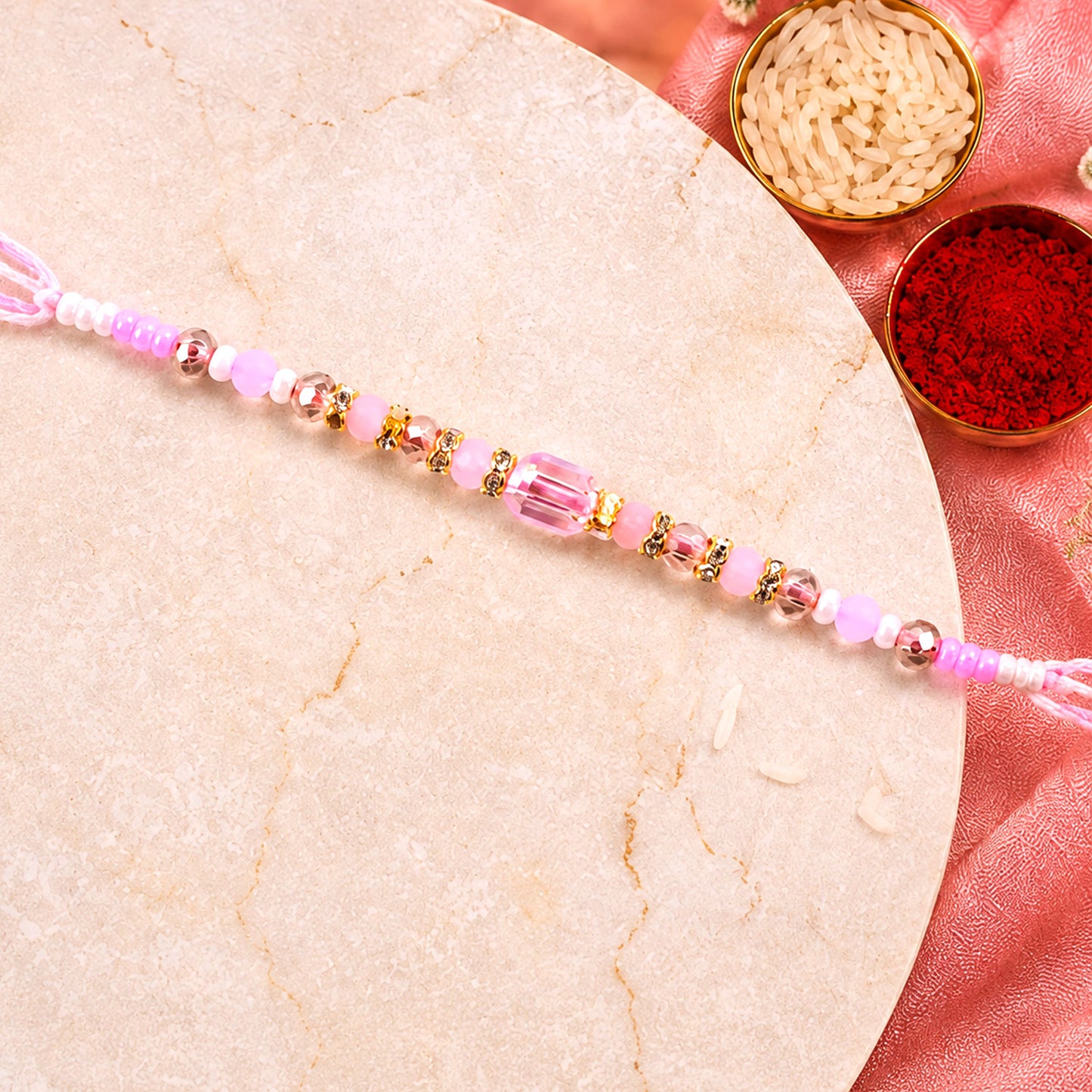 Soft Pearl Beaded Rakhi with Delicate Colors and Beautiful Bracelet Style Finish