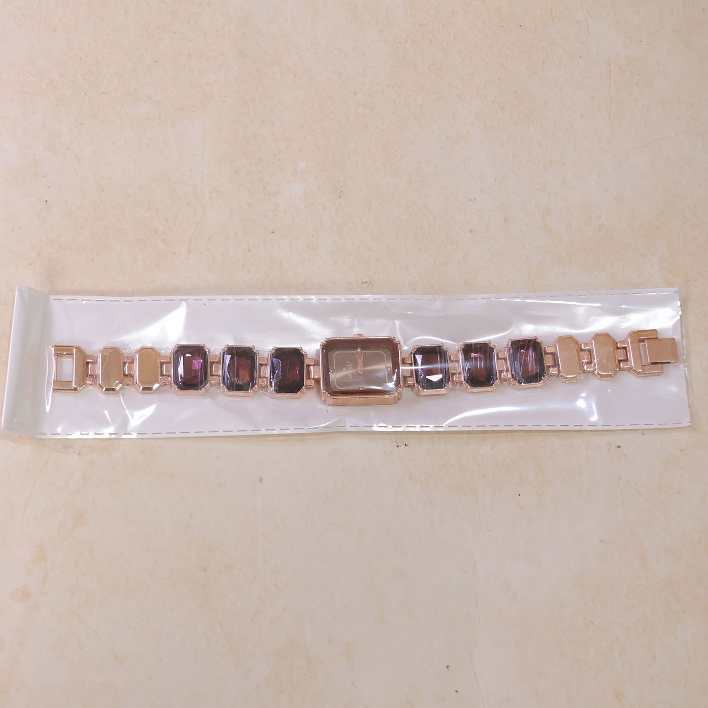 Rose Gold Square Shape Dial Watch with Black Red Stone Strap Design for Women