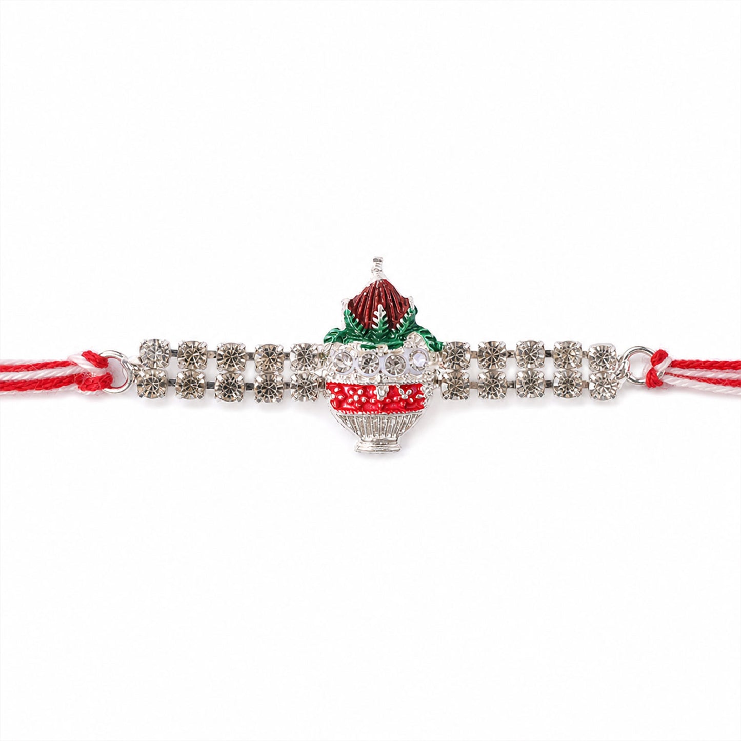Festive Rakhi showcasing Kalash Charm, leaf detail and wrist style for Festive Use