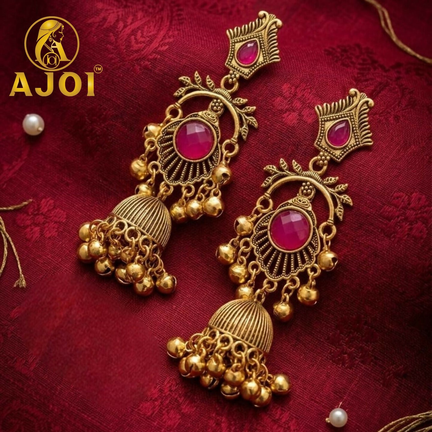 Antique Gold Plated Jhumka Earrings with Ruby Red Stone Traditional
